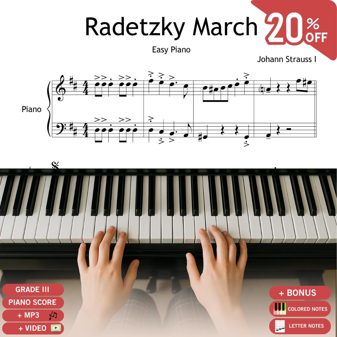 Radetzky March - Johann Strauss I | Easy Piano Sheet Grade 2 PDF Printable with Color Coded Notes