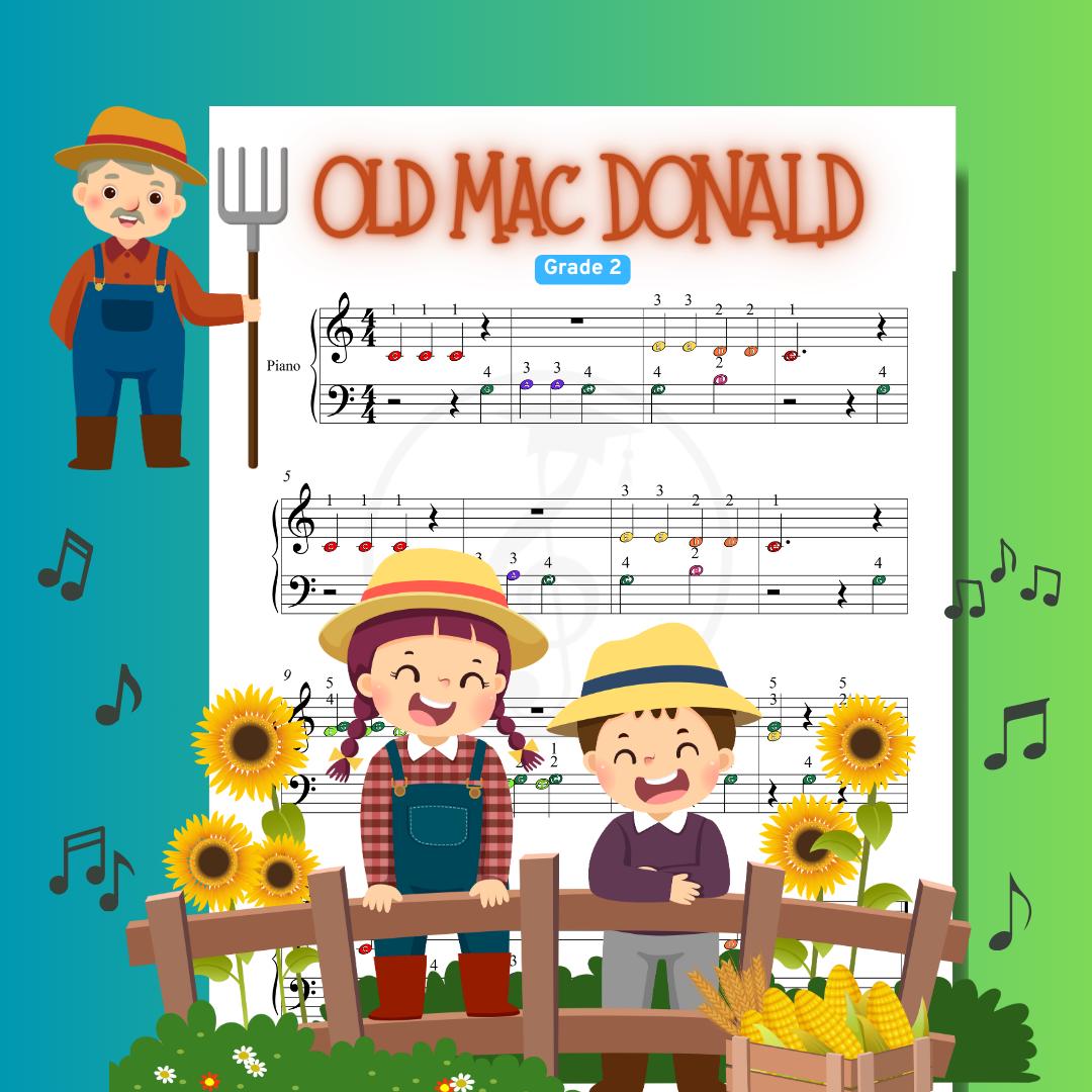 Old MacDonald Had a Farm - Grade 2 Easy Piano Sheet for Beginners | Letter Notes + Finger Numbers + MP3 + Video - Nursery Rhymes McDonald
