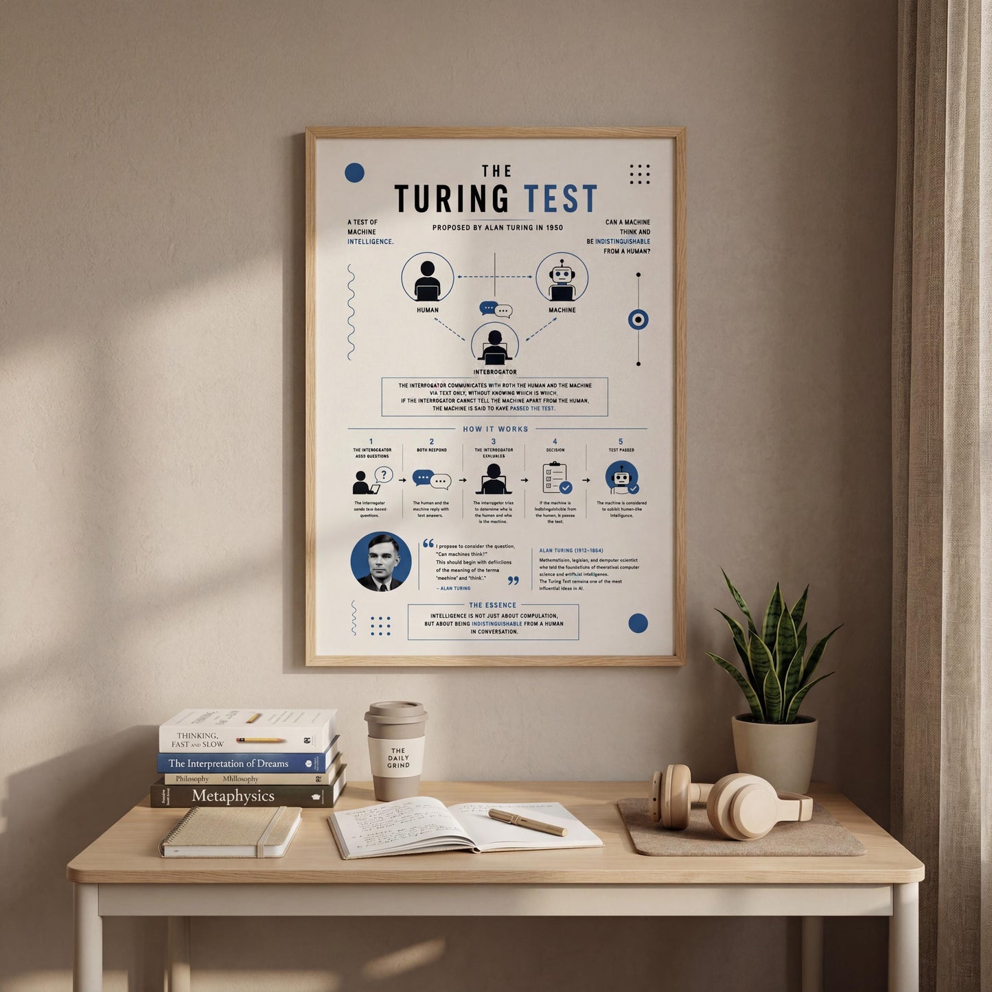 a poster titled "The Turing Test" hanging on a wall above a wooden desk with various items on it, including books, a coffee cup, and headphones.
