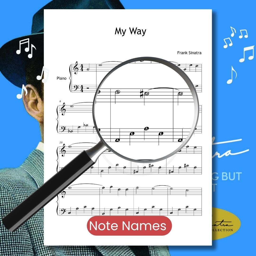 My Way by Frank Sinatra downloadable and simplified piano sheet music PDF displayed with note-name annotations, finger numbers, and color-coded notes in a clear Grade 3 engraving derived from manuscript references, ideal for developing expressive pop-ballad technique.