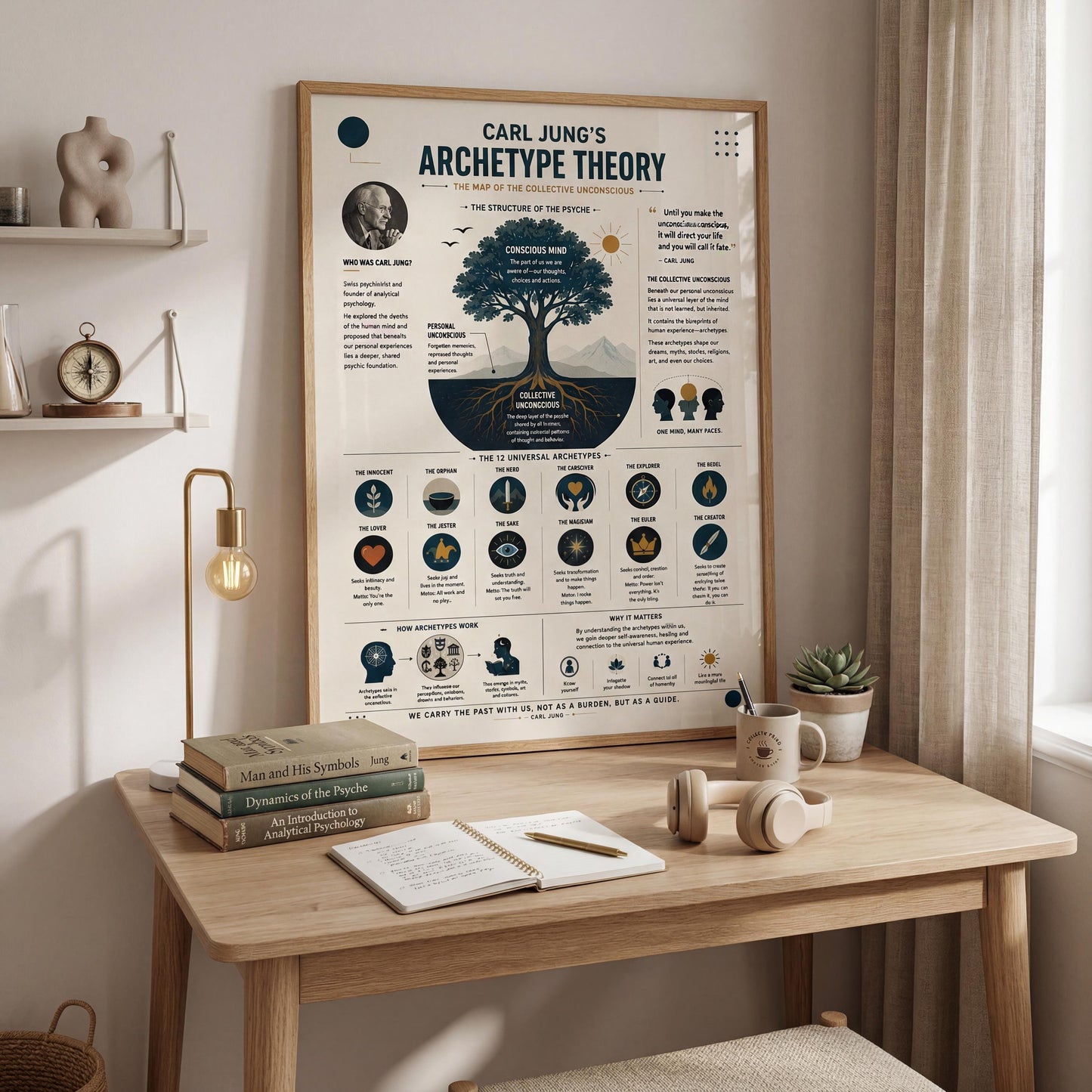 a poster of Carl Jung's "Archetype Theory" displayed on a wall above a wooden desk with various items on it, including books, a notebook, and headphones.