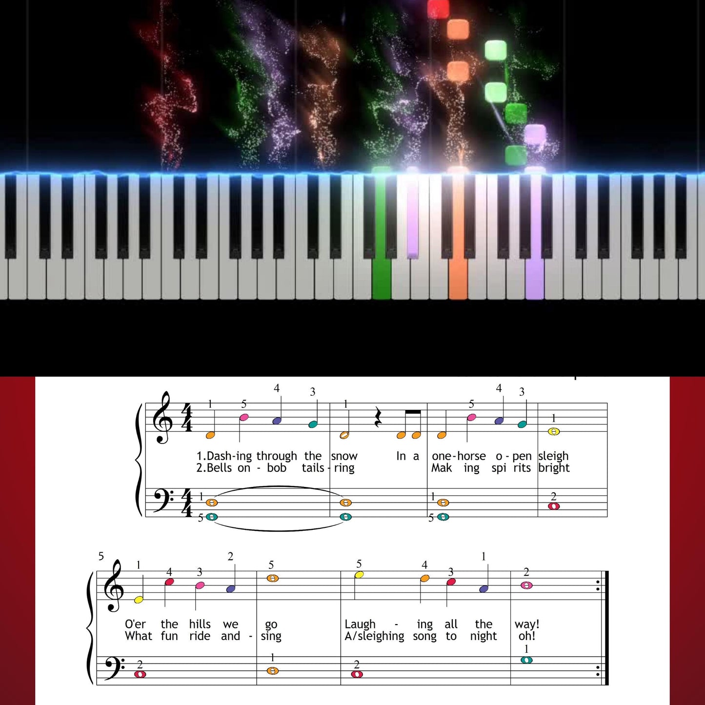 Jingle Bells by James Lord Pierpont downloadable and simplified piano sheet music PDF presented with the full Grade 1 learning bundle including finger numbers, color-coded notes, note-name versions, lyrics, violin accompaniment, and manuscript-based engraving for engaging, holiday-ready music-making.