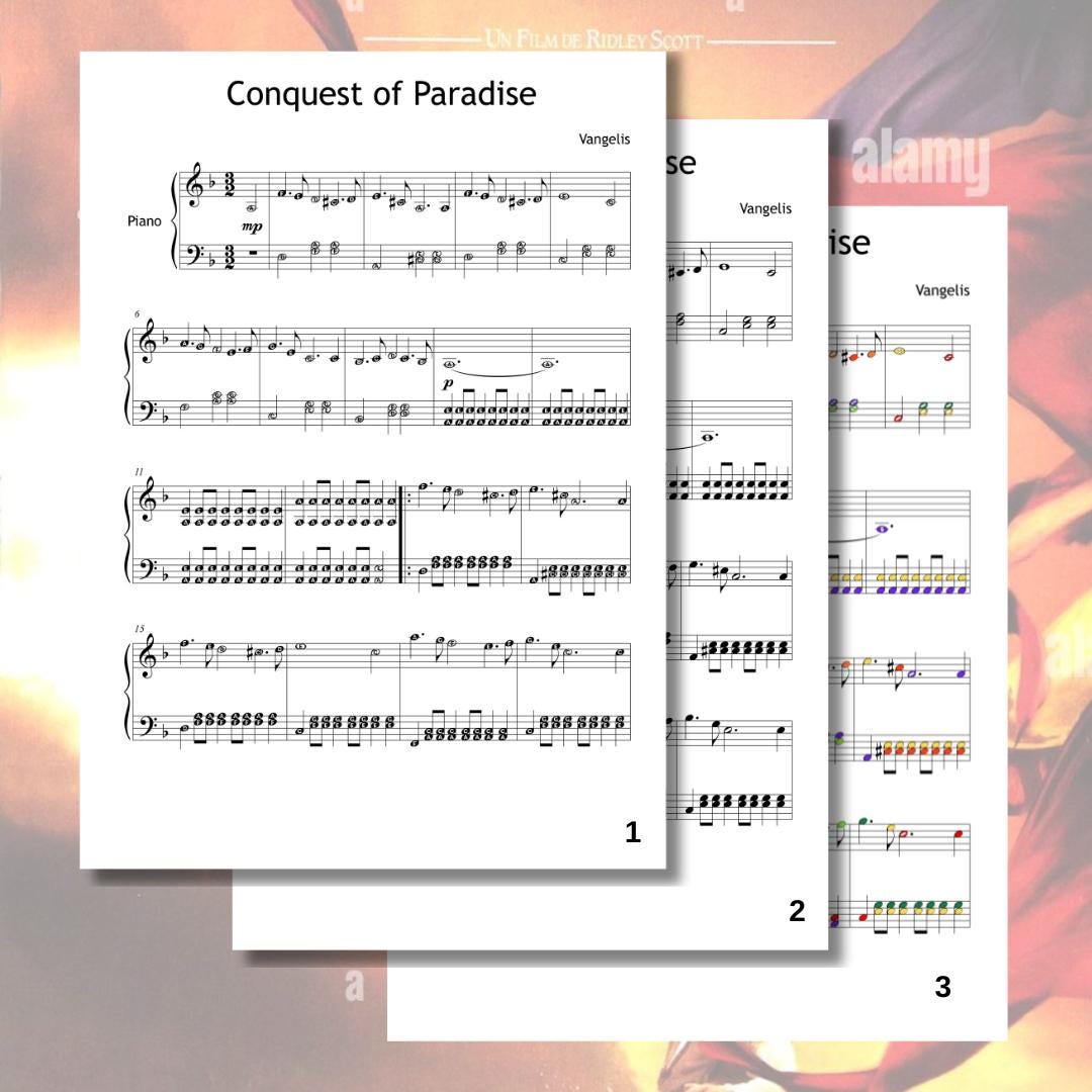 Conquest of Paradise by Vangelis downloadable and simplified piano sheet music PDF displayed as a multi-version Grade 3 educational pack including standard notation, finger numbers, color notes, and note names, each created from the original manuscript for flexible study.
