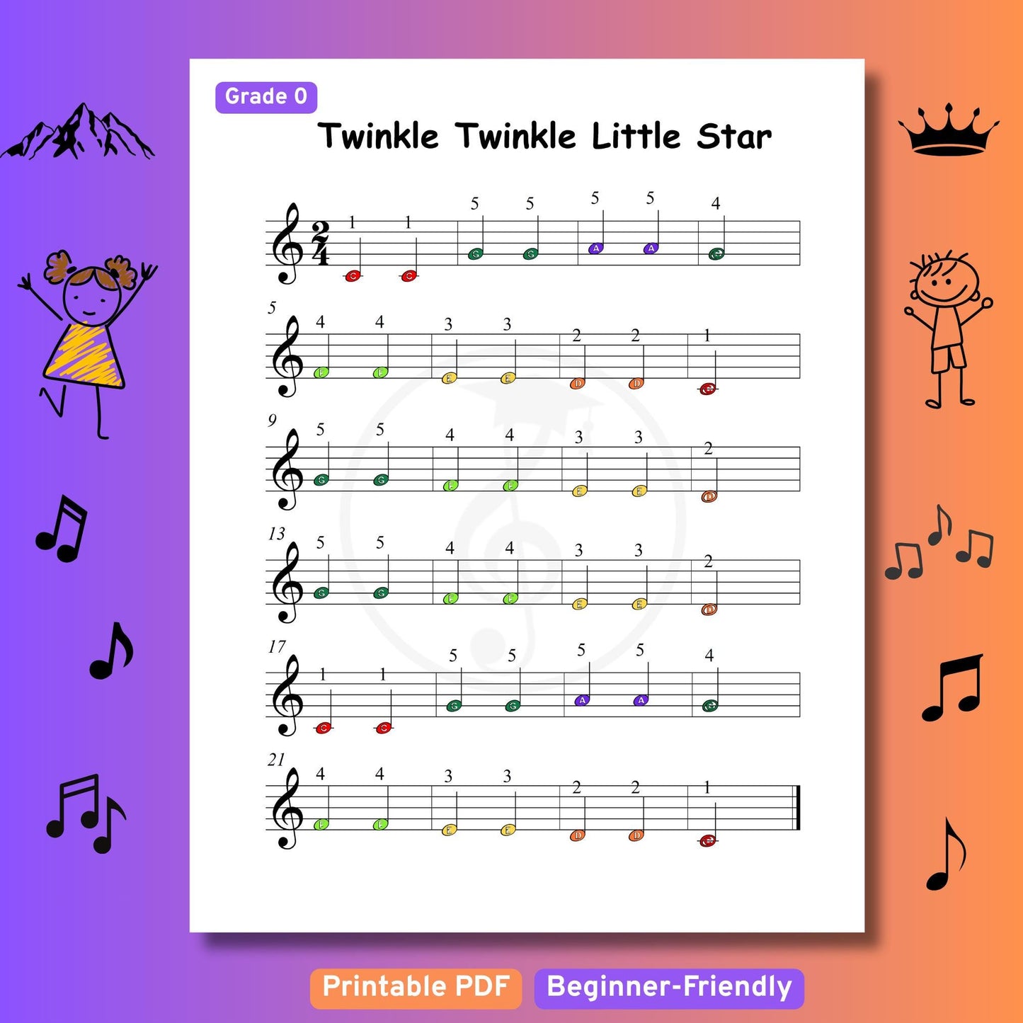 Twinkle Twinkle Little Star - Grade 0 - Easy Piano Sheet for Beginners | Colorful Notes + Finger Numbers | Educational Piano Resource