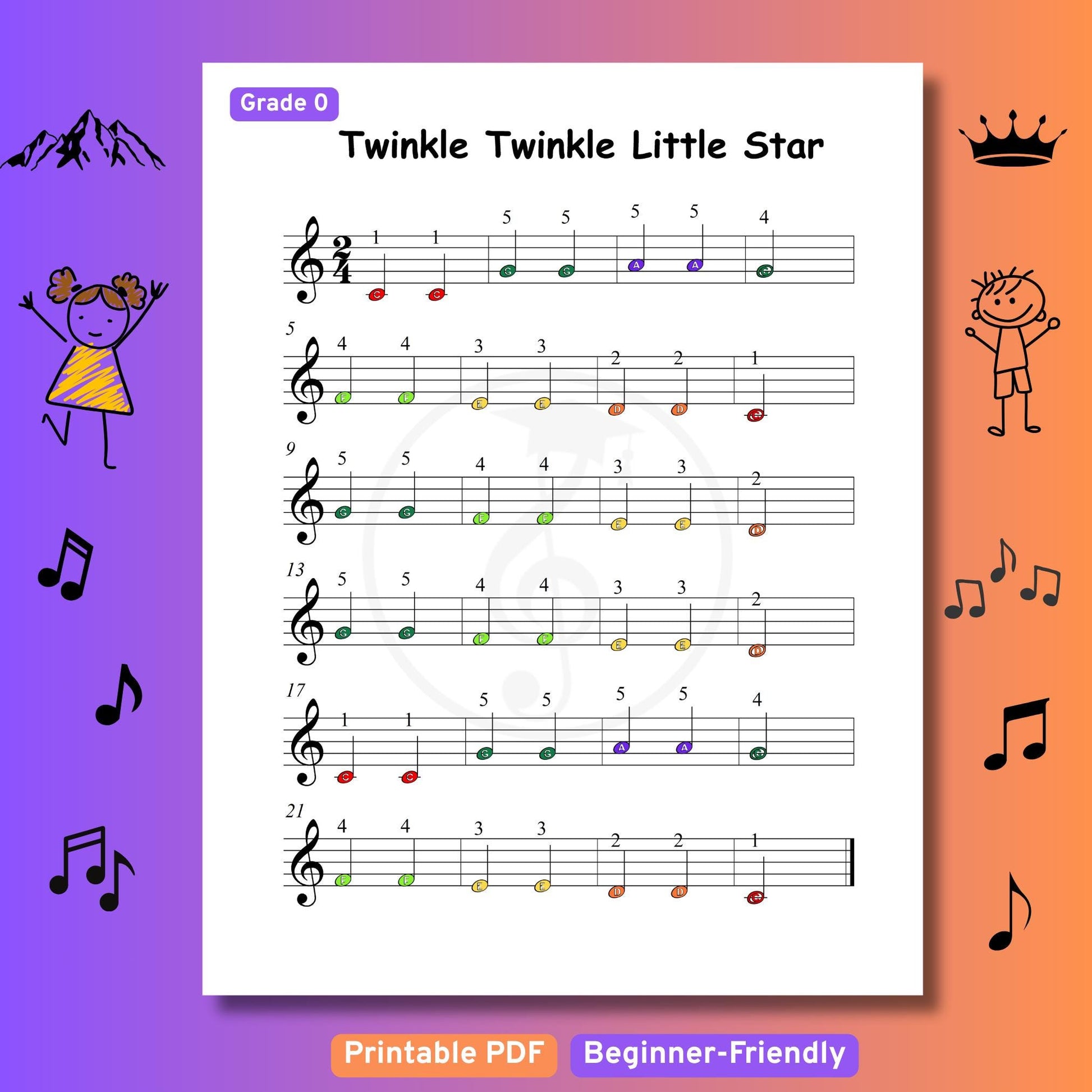Twinkle Twinkle Little Star - Grade 0 - Easy Piano Sheet for Beginners | Colorful Notes + Finger Numbers | Educational Piano Resource