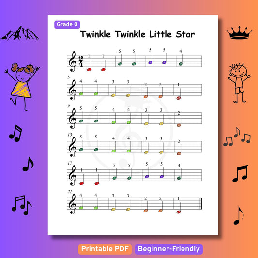 Twinkle Twinkle Little Star - Grade 0 - Easy Piano Sheet for Beginners | Colorful Notes + Finger Numbers | Educational Piano Resource