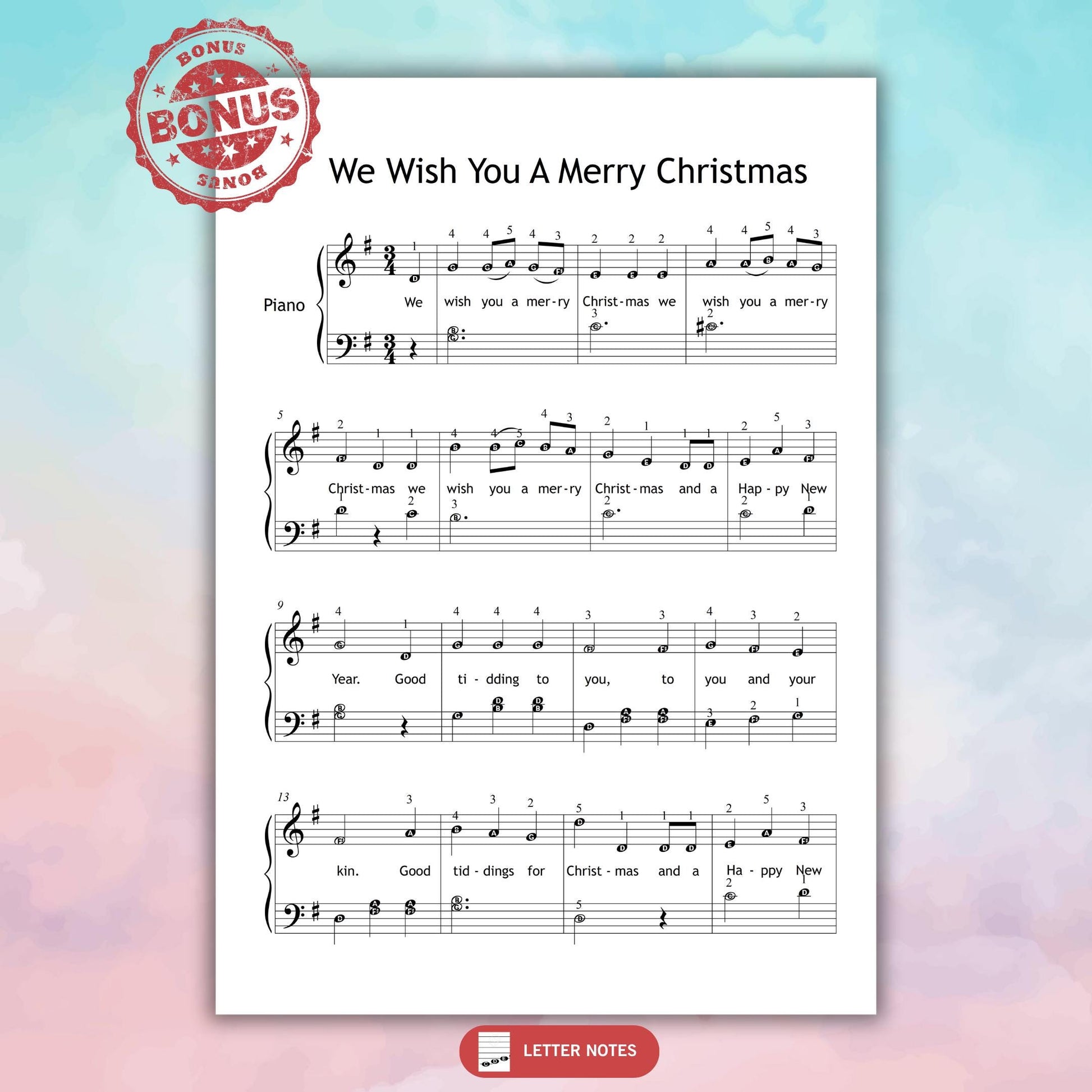 We Wish You a Merry Christmas simplified piano sheet on tablet, color-note edition for classroom or home practice, digital PDF for music teachers.