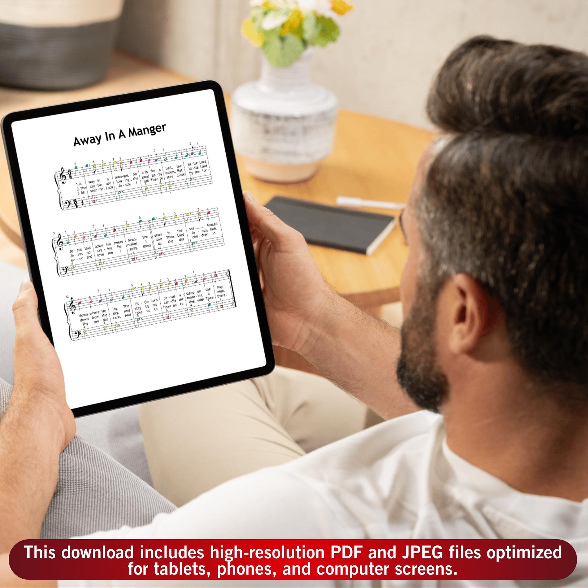 Away in a Manger by James R. Murray downloadable and simplified piano sheet music PDF provides a sweet Christmas printable worksheet inspired by Christmas gifts 2025, featuring child-friendly lyrics, finger numbers, note names and color notes to build confidence in beginner pianists.