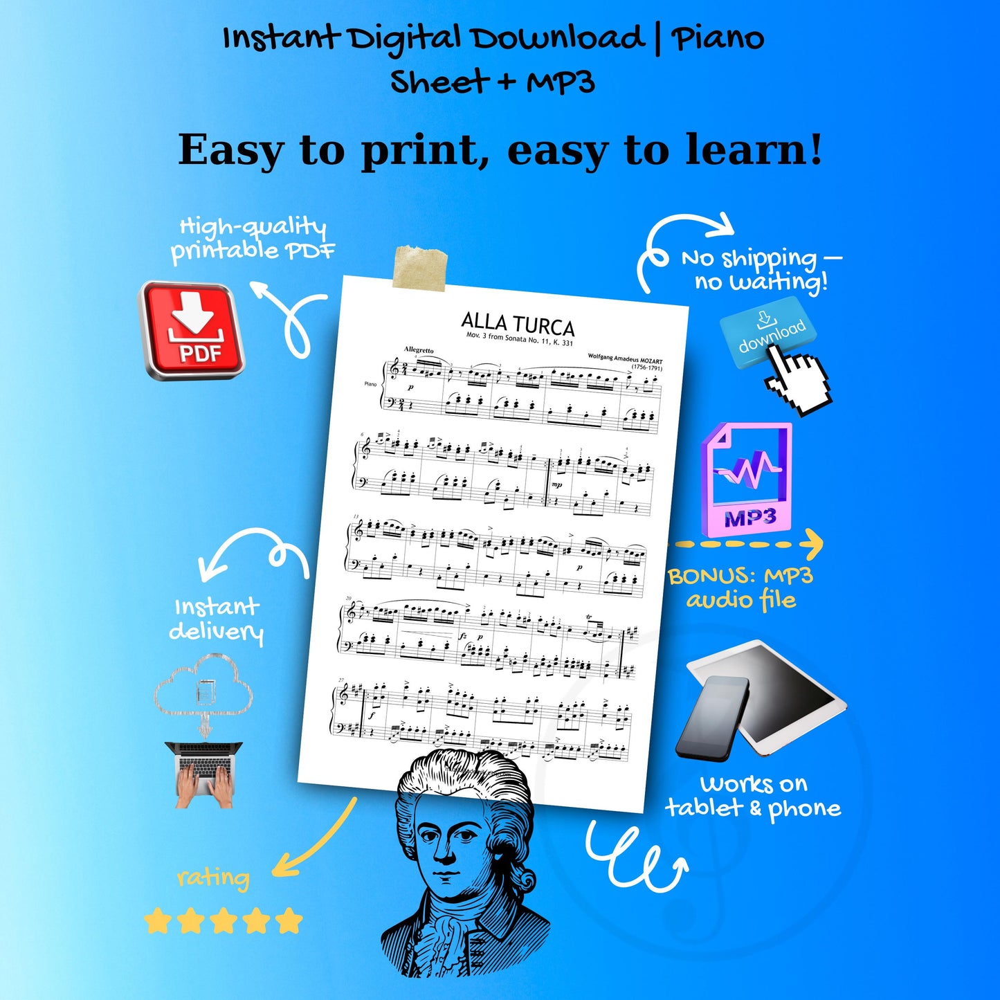 Alla Turca (Turkish March) by Mozart - Grade 6 - Advanced Piano Sheet Music with Fingerings