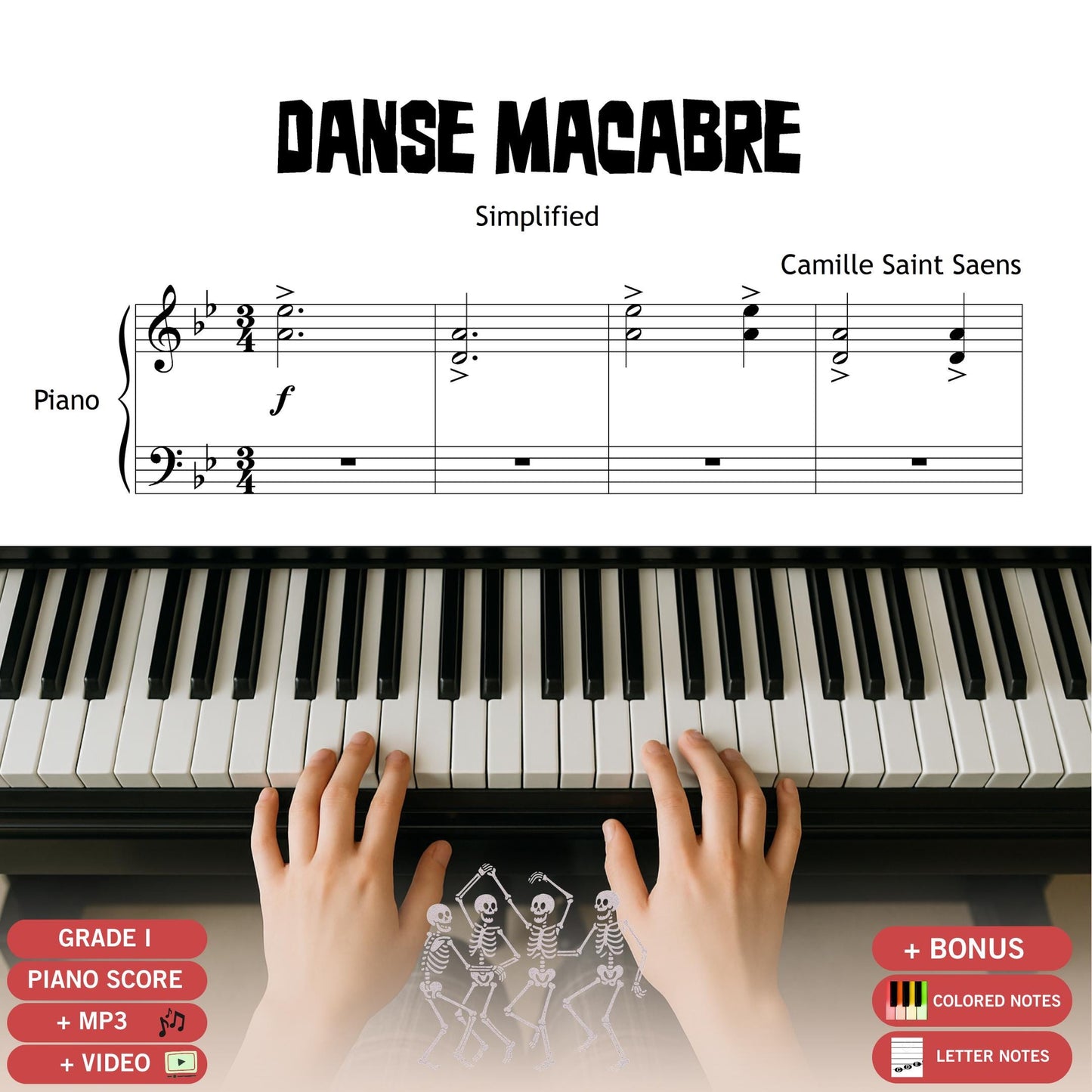Danse Macabre by Camille Saint-Saëns Grade 1–2 easy piano sheet music PDF, Halloween edition simplified for beginners, includes note-named and color-supported versions, MP3 demo recording, and MP4 tutorial video.