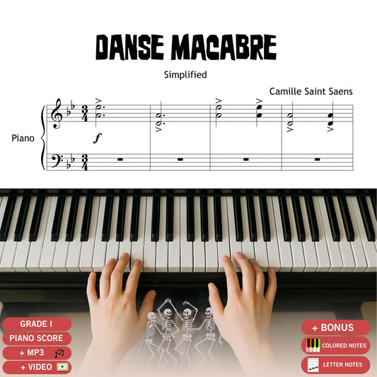 Danse Macabre by Camille Saint-Saëns Grade 1–2 easy piano sheet music PDF, Halloween edition simplified for beginners, includes note-named and color-supported versions, MP3 demo recording, and MP4 tutorial video.