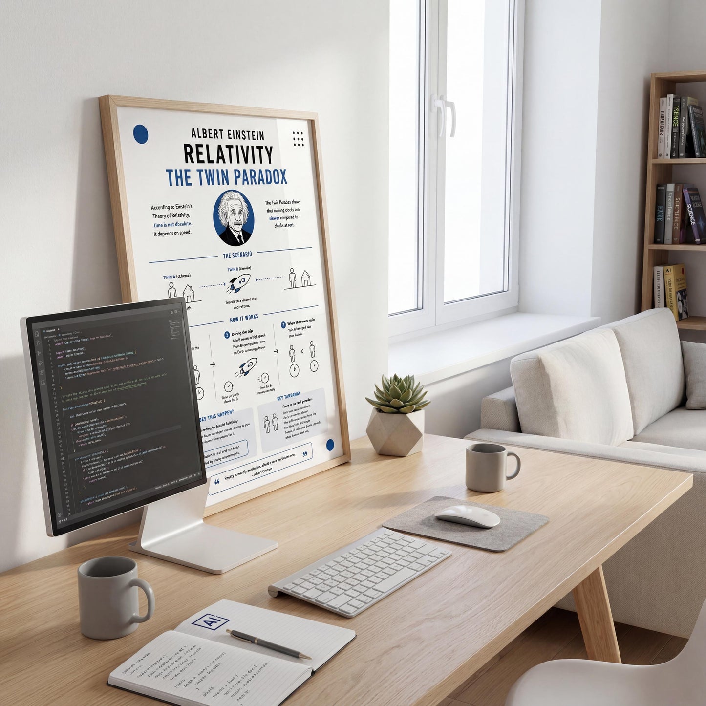 a desk with a computer monitor, keyboard, and mouse, along with a poster or presentation about Albert Einstein's Relativity and the Twin Paradox. There are also some books and a potted plant on the desk.