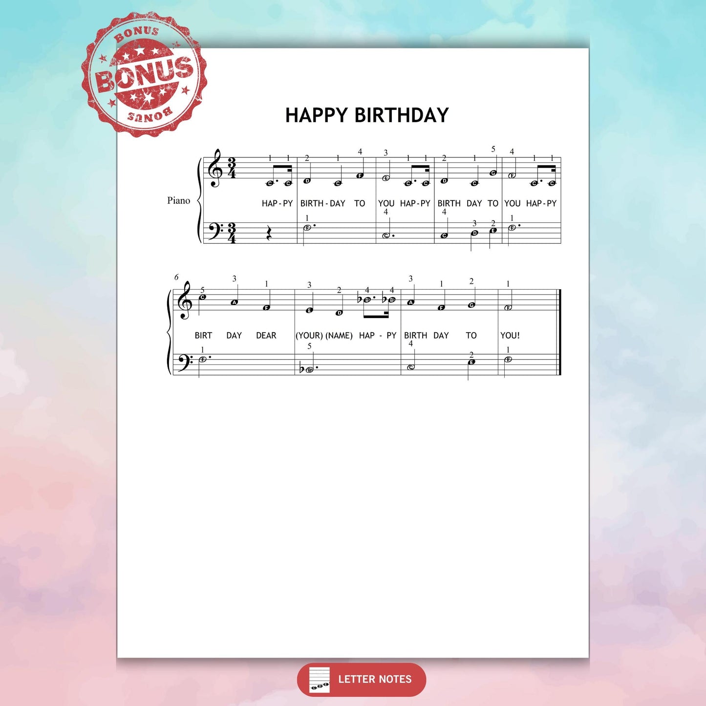 Beginner piano sheet music Happy Birthday, Grade 1 simplified score with versions for finger numbers, note names, and color-coded notes, digital PDF bundle with MP3 recording and MP4 teaching video included.