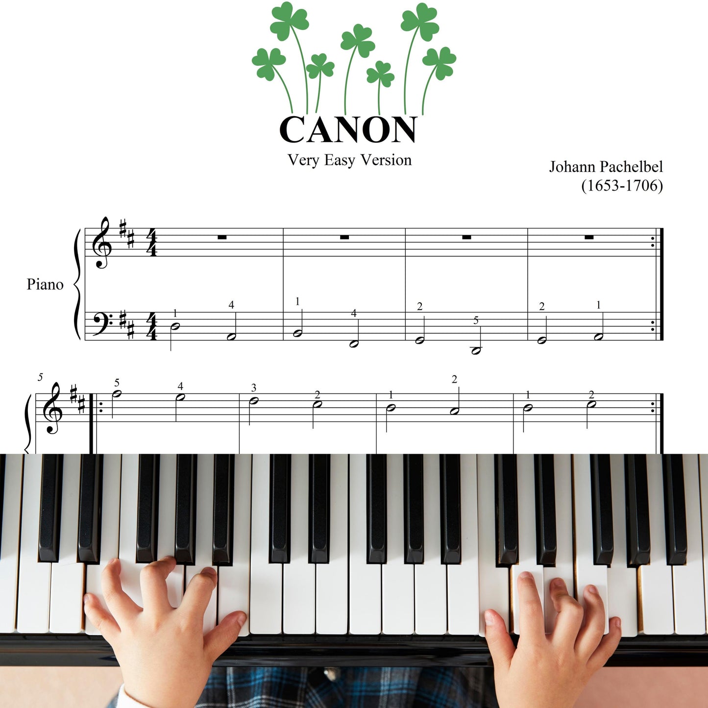Canon by Pachbell - Beginner Piano Sheet Music (bonus with violin and flute part)