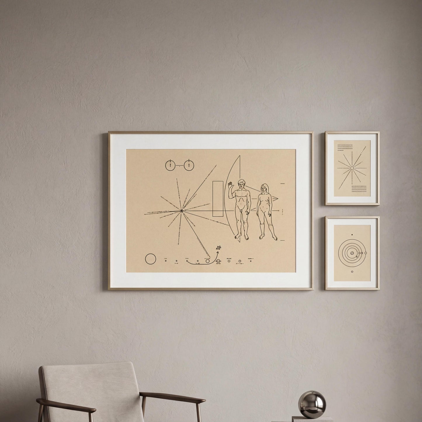 a framed artwork hanging on a wall, depicting a man and a woman.