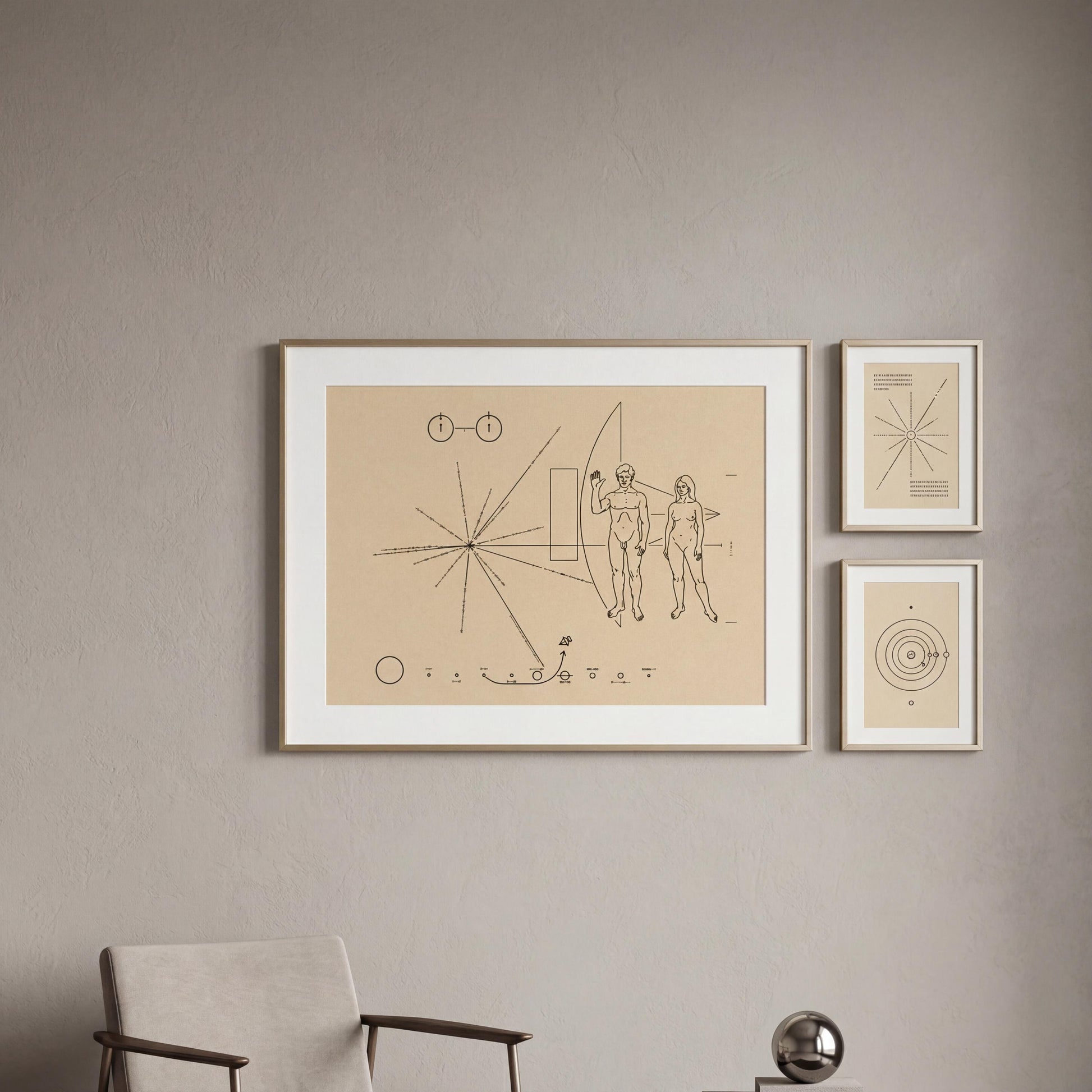 a framed artwork hanging on a wall, depicting a man and a woman.