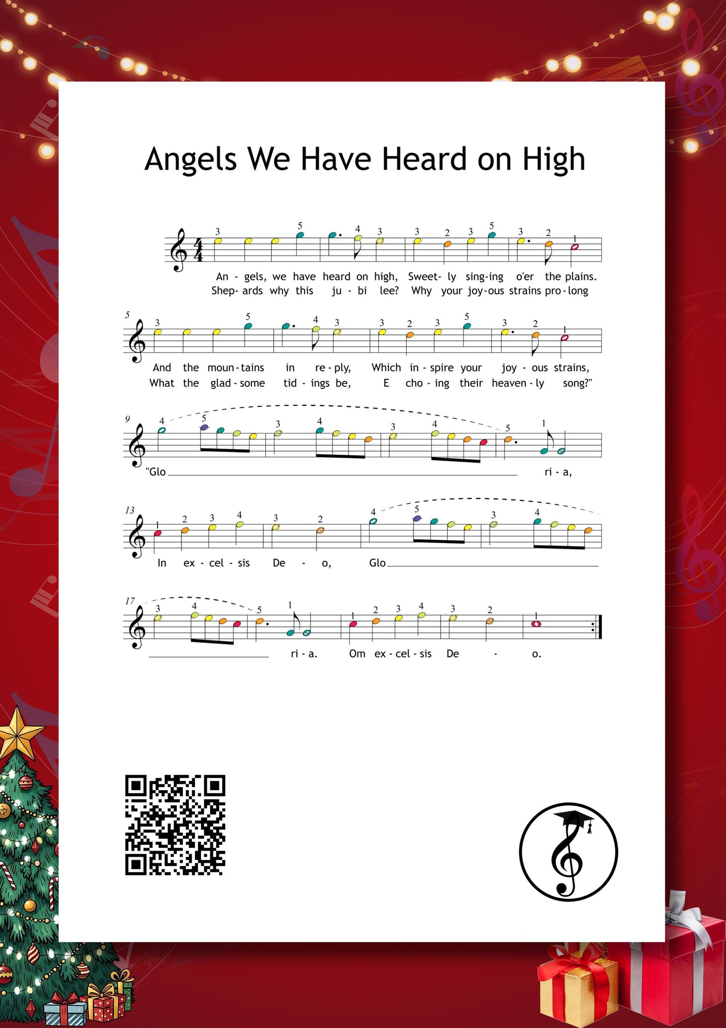 Advent Piano Calendar digital download showing story pages, color-note music, and right-hand beginner pieces arranged in a festive 24-day Christmas format ideal for teachers and young students.Angels We Have Heard on High, O Christmas Tree, Good King Wenceslas, Ding Dong Merrily on High, Deck the Halls, Jingle Bells, Joy to the World, Hark the Herald Angels Sing, Have Yourself a Merry Little Christmas, Santa Claus Is Coming to Town, Silver Bells, White Christmas, Christmas Time Is Here