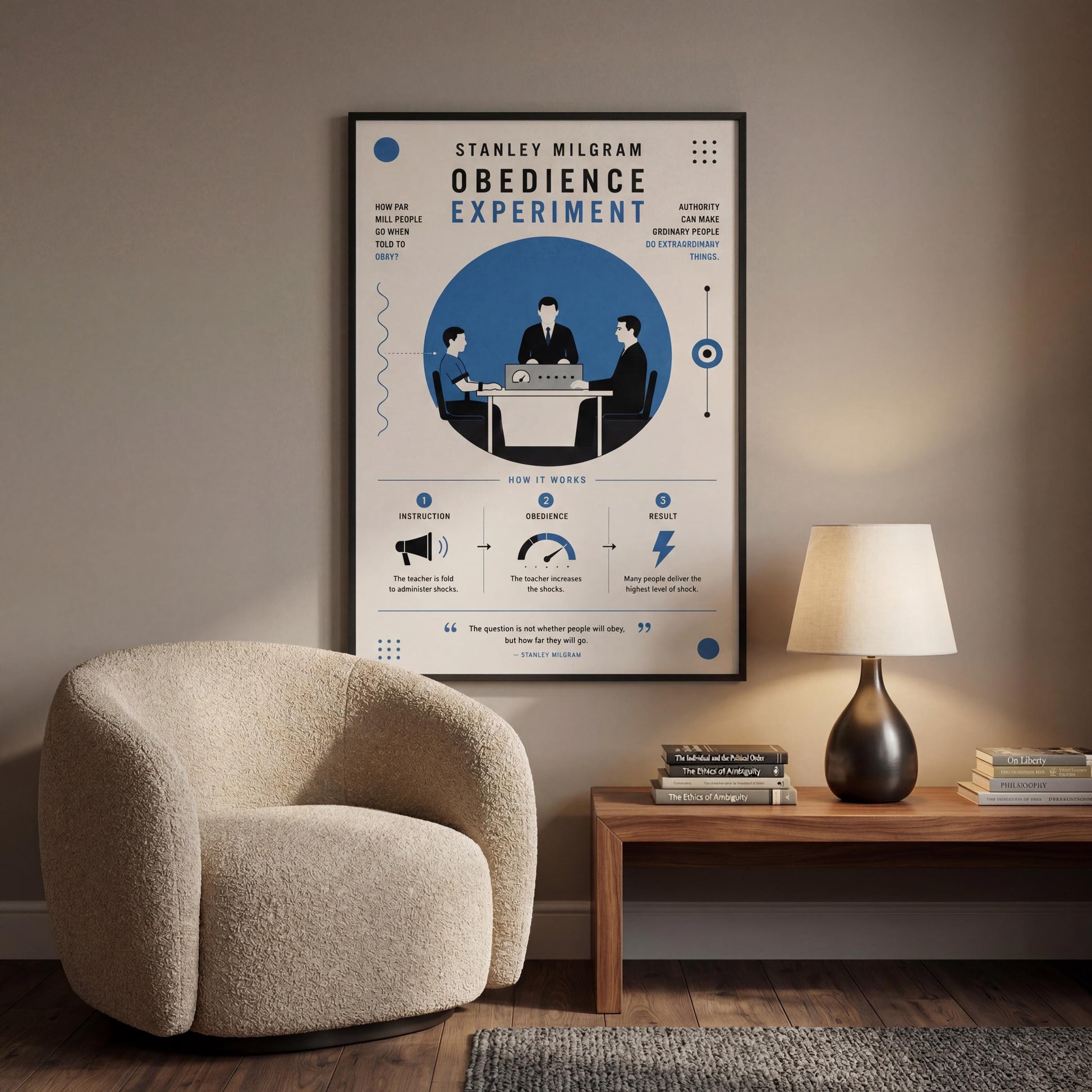 a poster of Stanley Milgram's obedience experiment, which is displayed on a wall in a living room setting.