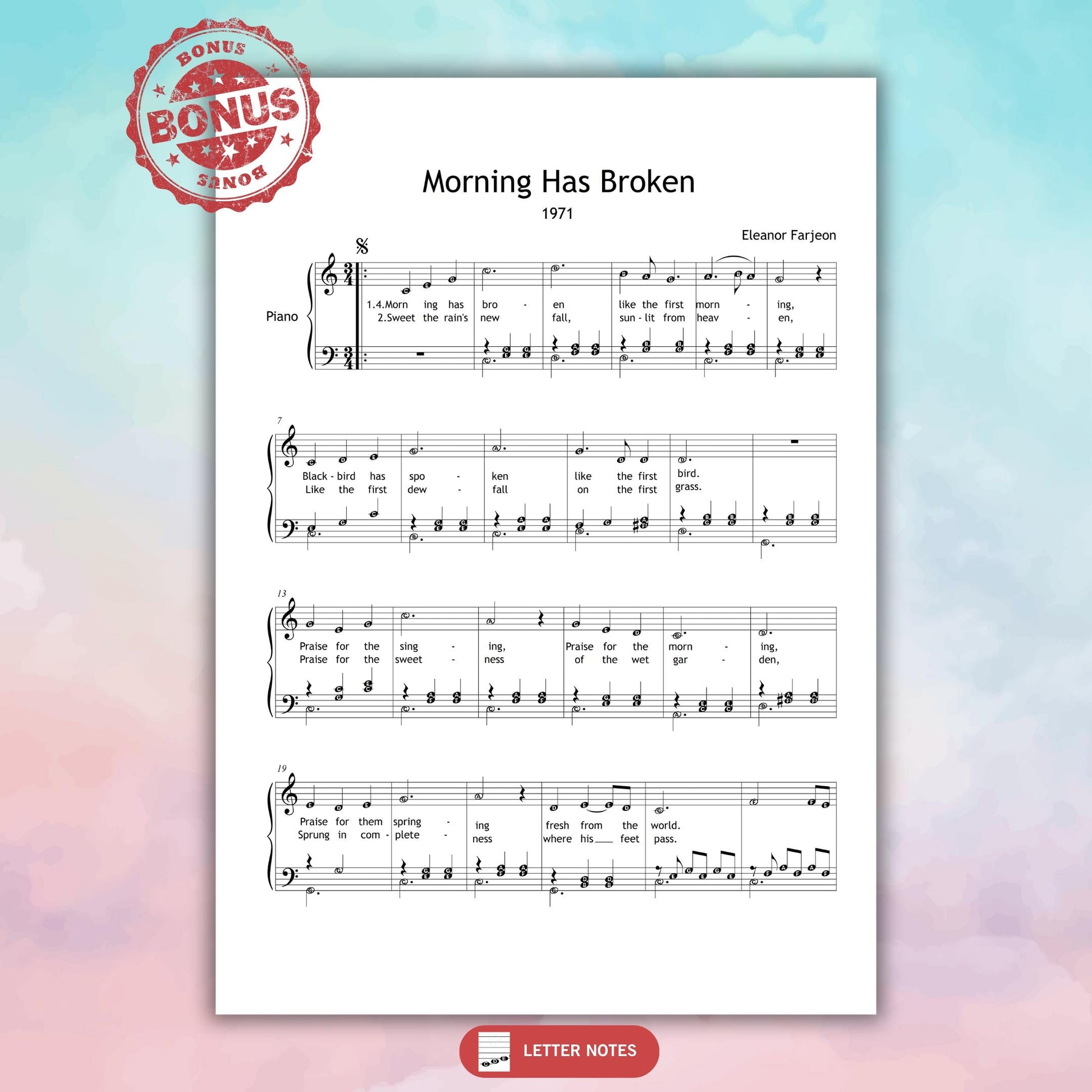 Morning Has Broken Grade 2 simplified piano sheet printed beside music notebook, color notes and note names for easy reading and expressive learning.