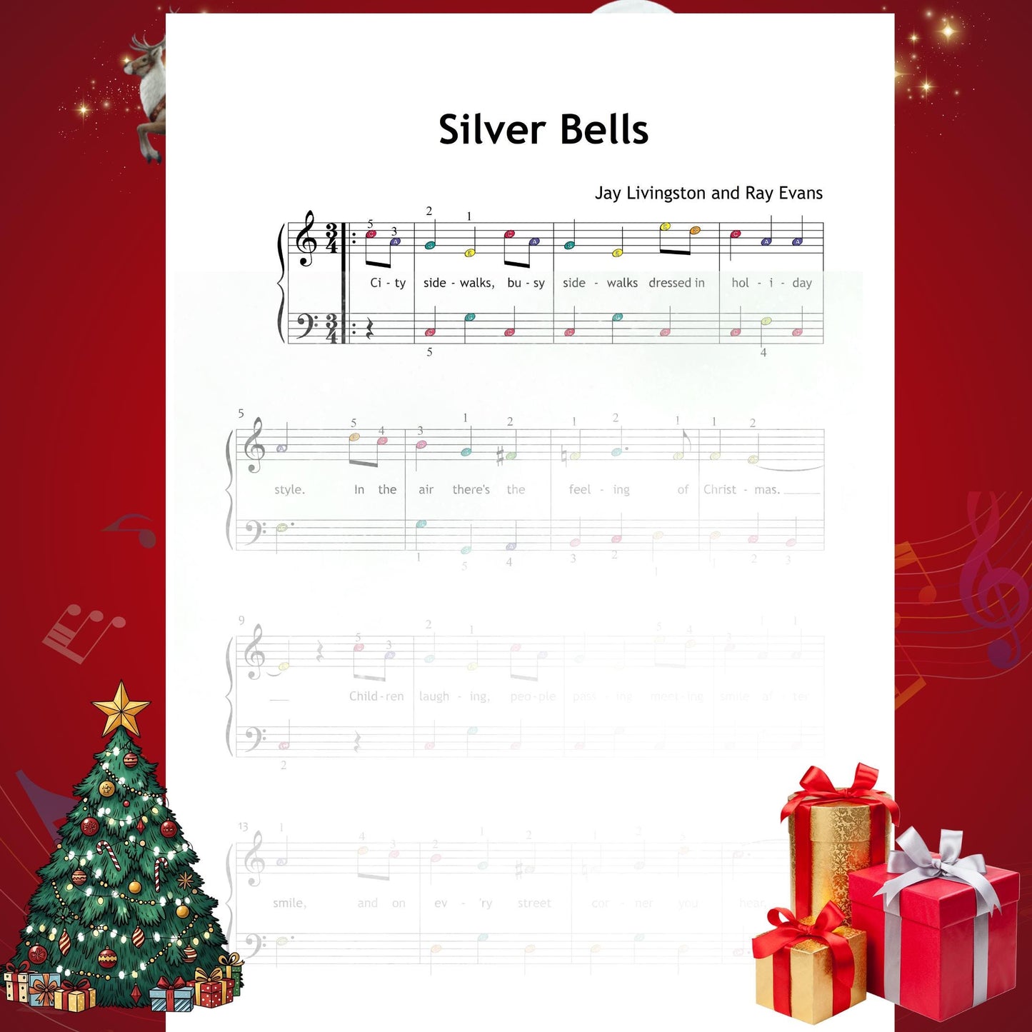 Silver Bells by Livingston & Evans downloadable and simplified piano sheet music PDF providing lyric lines, color-coded notes, early-reader note names, and finger-number support for festive beginner piano success.