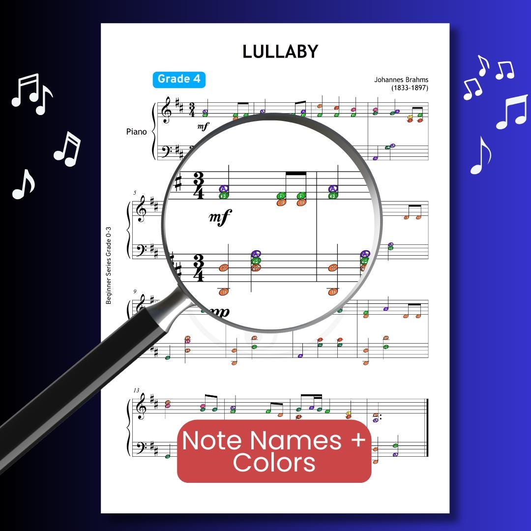 Brahms Lullaby Grade 4 Piano Sheet - Digital Download with Finger Numbers, Colored Notes, MP3, Tutorial Video