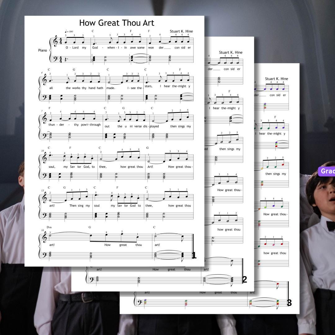 How Great Thou Art by MuzikAkademik – simplified piano sheet music PDF with chords and fingerings shows chord symbols for harmonic understanding, lead sheet practice, or teacher-guided improvisation.