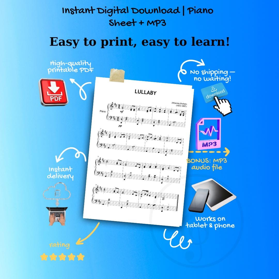Brahms Lullaby Grade 4 Piano Sheet - Digital Download with Finger Numbers, Colored Notes, MP3, Tutorial Video