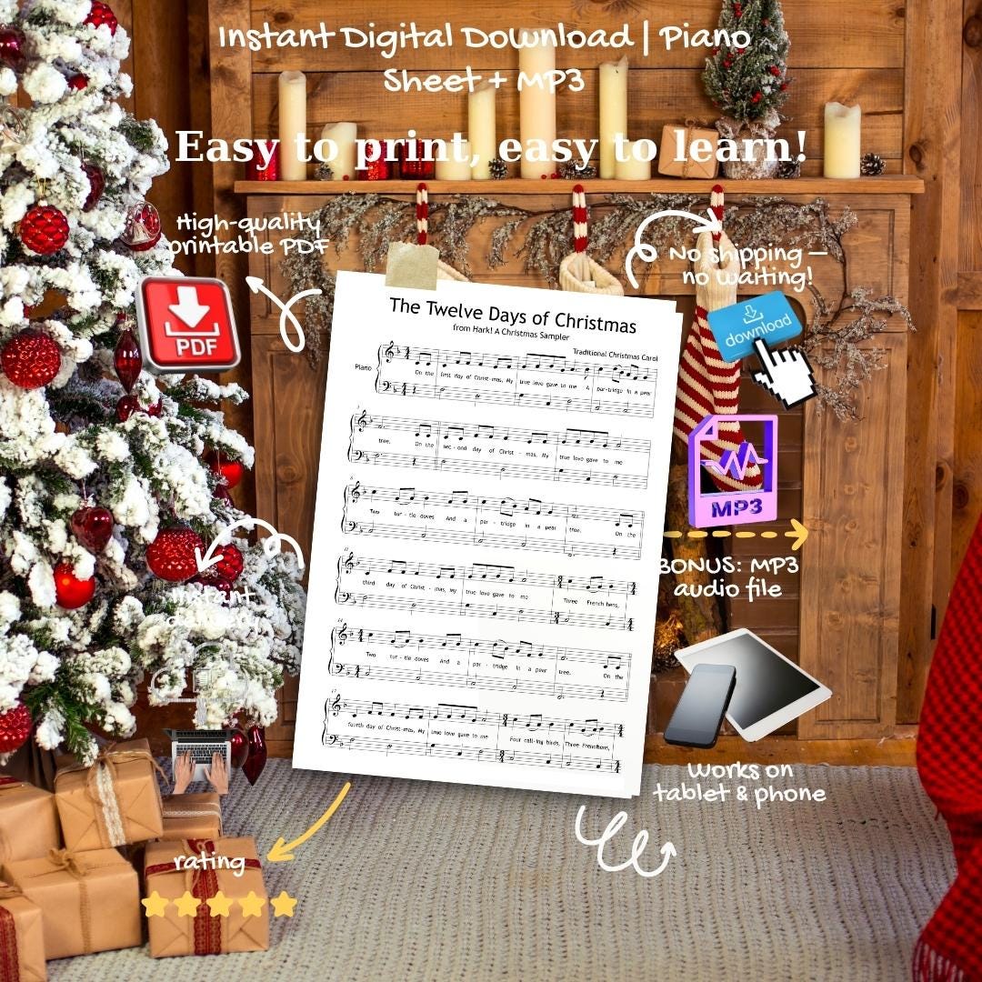 The Twelve Days Of Christmas | Grade 2 Piano Sheet Music Printable Piano PDF With Lyrics