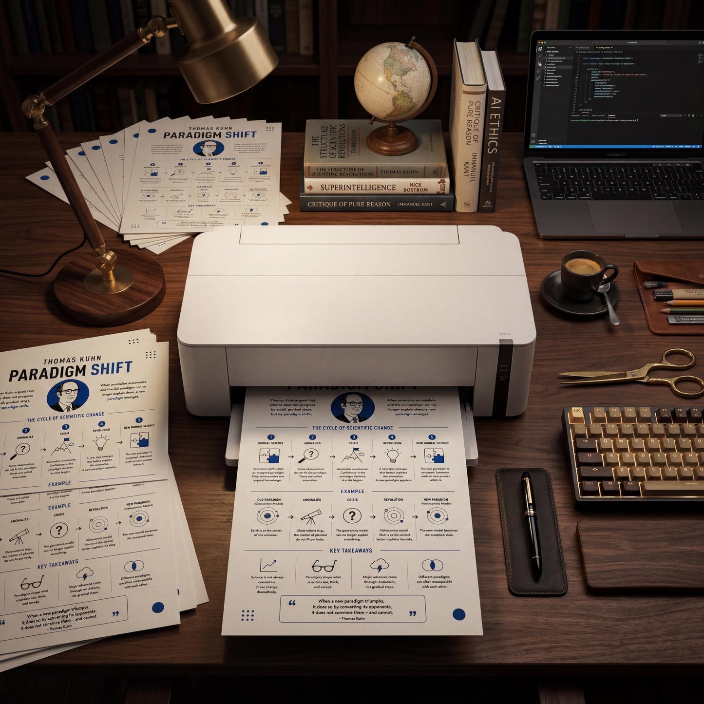 a desk with various office supplies and items, including a laptop, printer, books, a globe, a cup, and a keyboard.