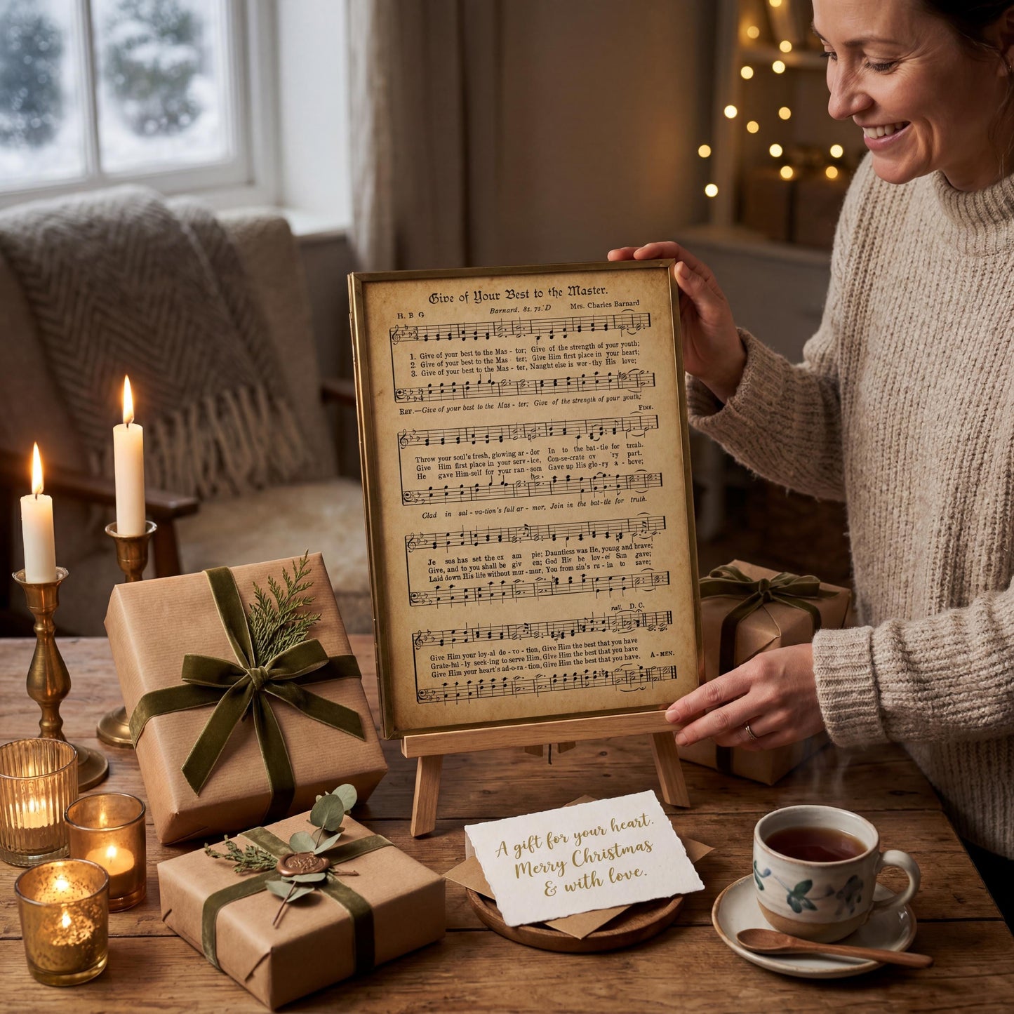 A woman is holding up a framed sheet of music, surrounded by wrapped gifts, candles, and a cup of tea on a wooden table.