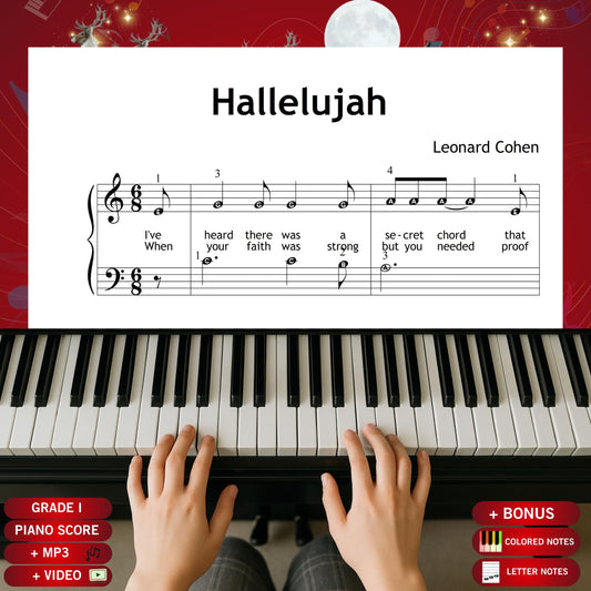 Hallelujah by Leonard Cohen beginner piano sheet music PDF presents a gentle Grade 1 arrangement with lyrics, giving early learners a clear, expressive version of this beloved song in a printable digital format ideal for winter and Christmas-themed lessons.