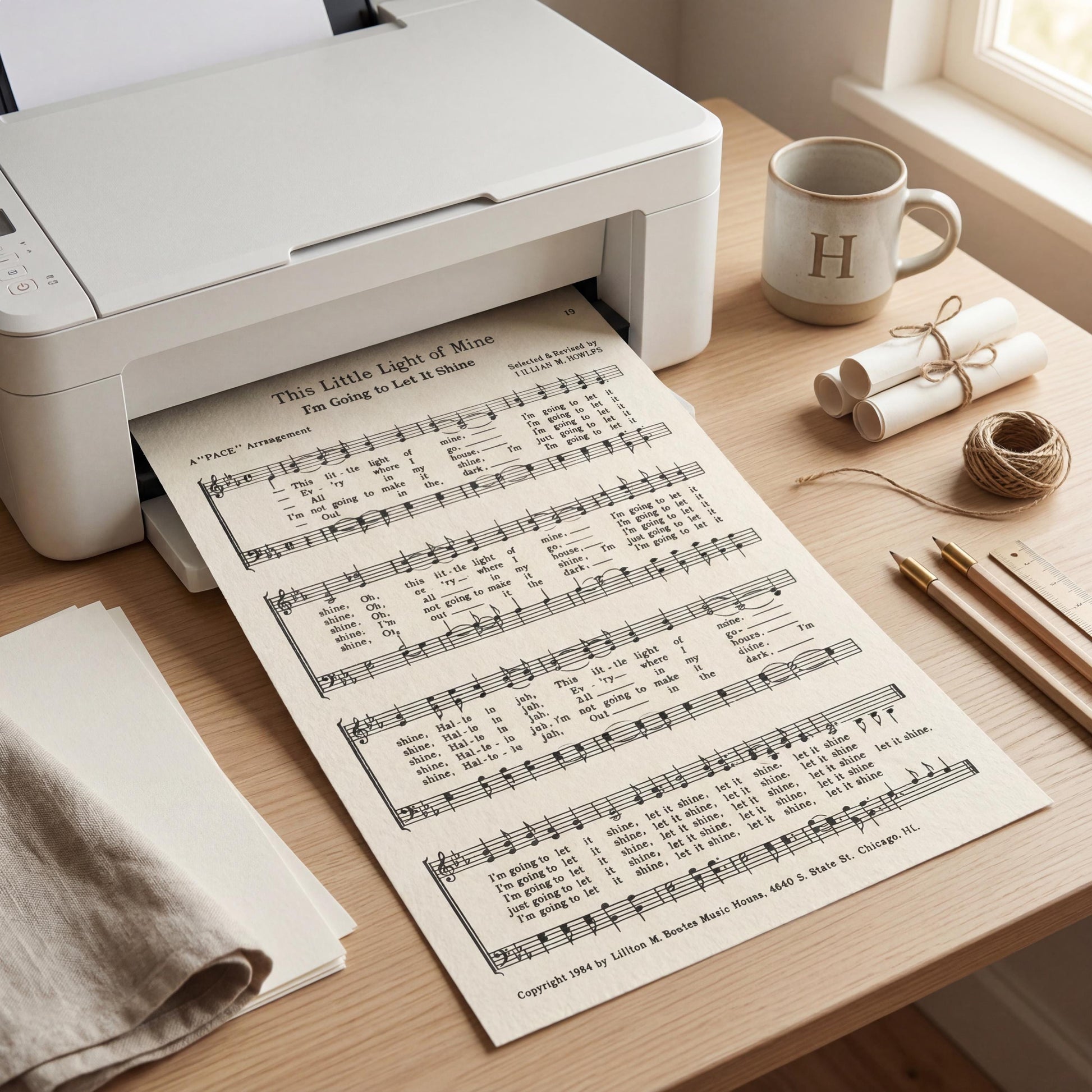 a printer, a coffee mug, and a sheet of music on a desk.