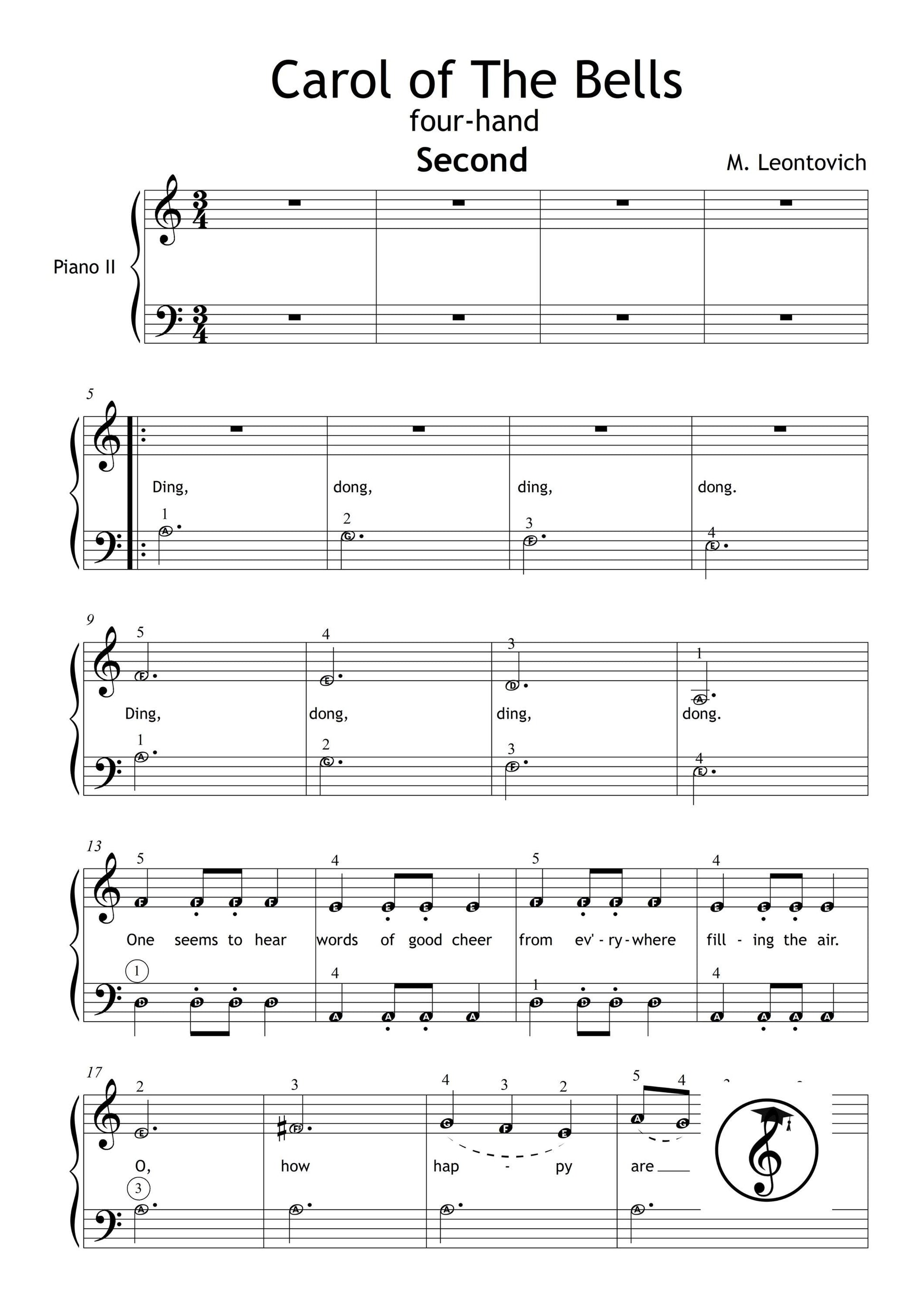 Carol of the Bells by Mykola Leontovych downloadable and simplified piano sheet music PDF prepared for young duet learners with festive visual aids, tablet-optimized pages, MP3 audio, and AI-powered tutorial guidance for smooth holiday playing.