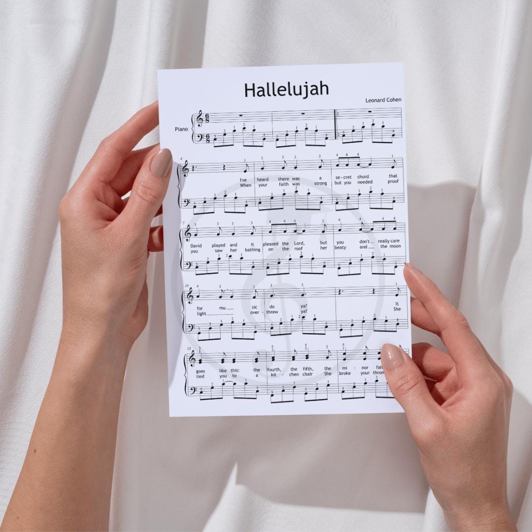 Hallelujah by L. Cohen - Grade 5 Intermediate Piano Sheet Music PDF with Fingerings | Christmas + Bonus Flute, Violin, Clarinet, Choir