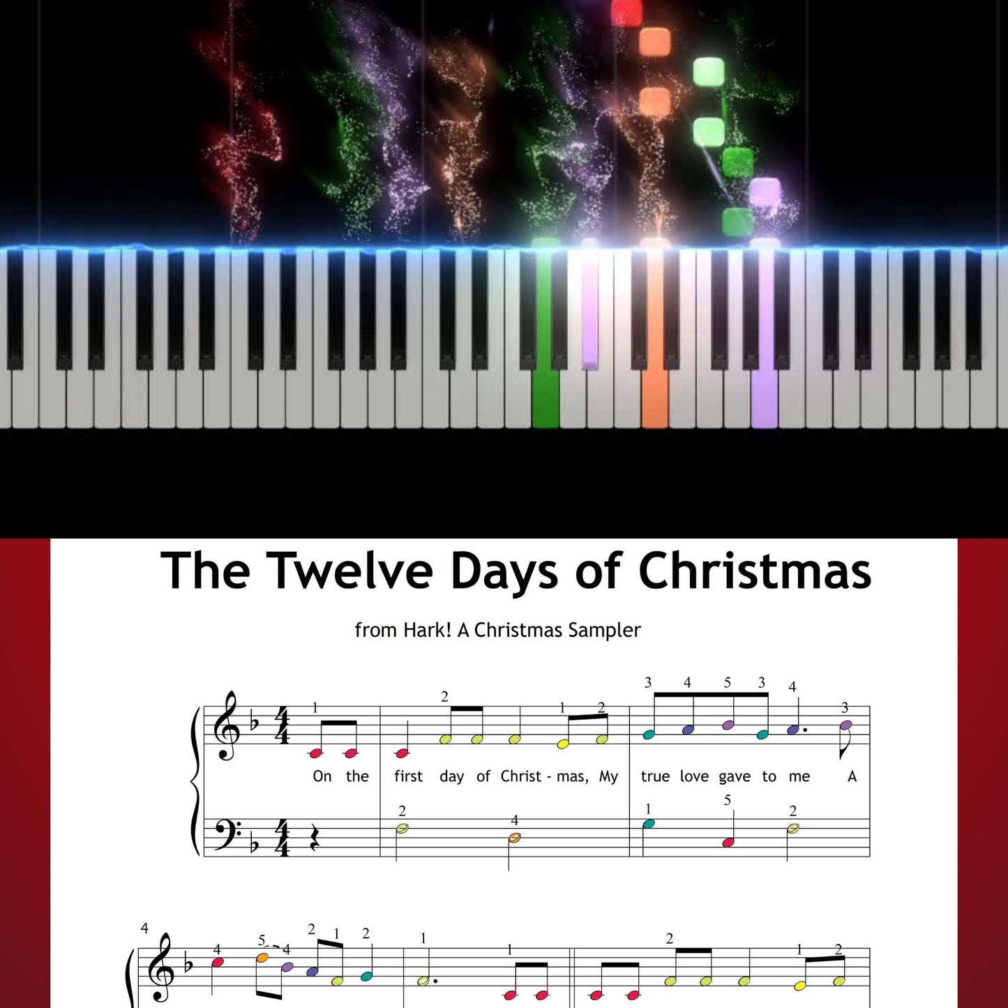 The Twelve Days of Christmas by Traditional beginner piano sheet music PDF gives early players a memorable holiday tune with lyrics, simplified intervals and a printable page layout that suits both individual practice and classroom performance.