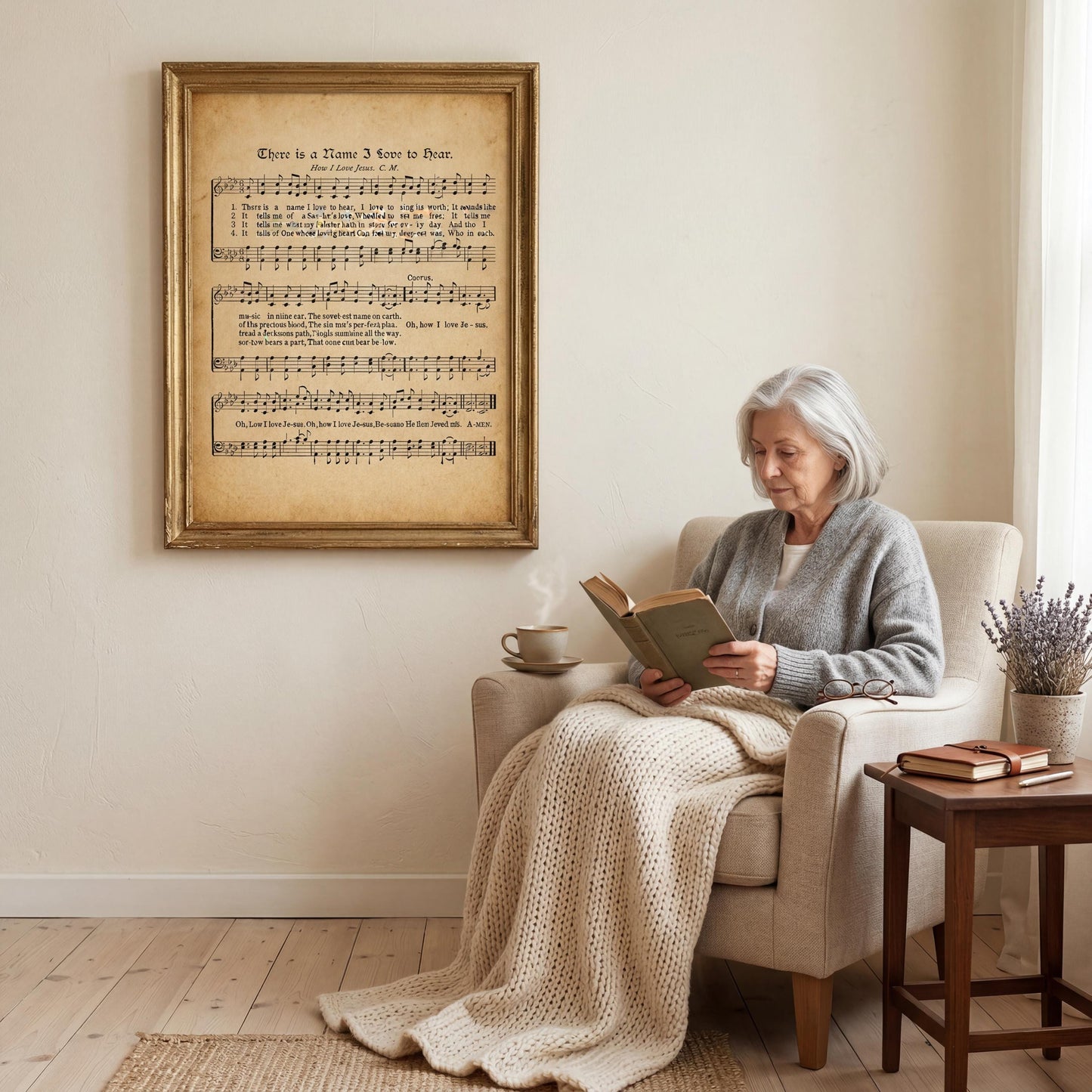 An elderly woman is sitting in a chair, reading a book and wrapped in a blanket, with a framed sheet music piece hanging on the wall behind her.