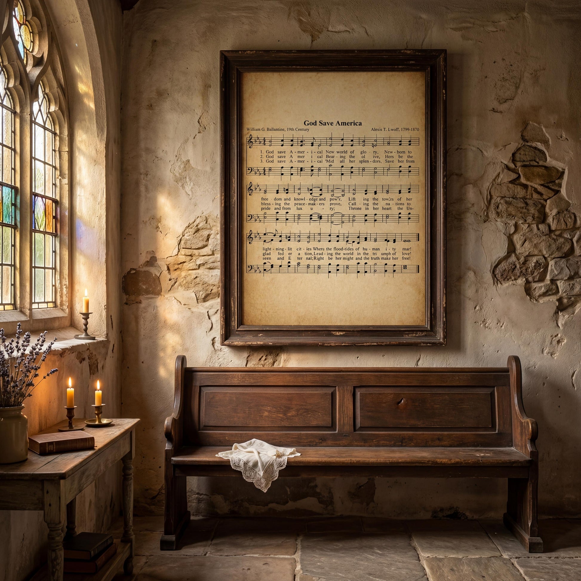 a wooden bench with a framed sheet music display hanging above it, and a stained glass window in the background.