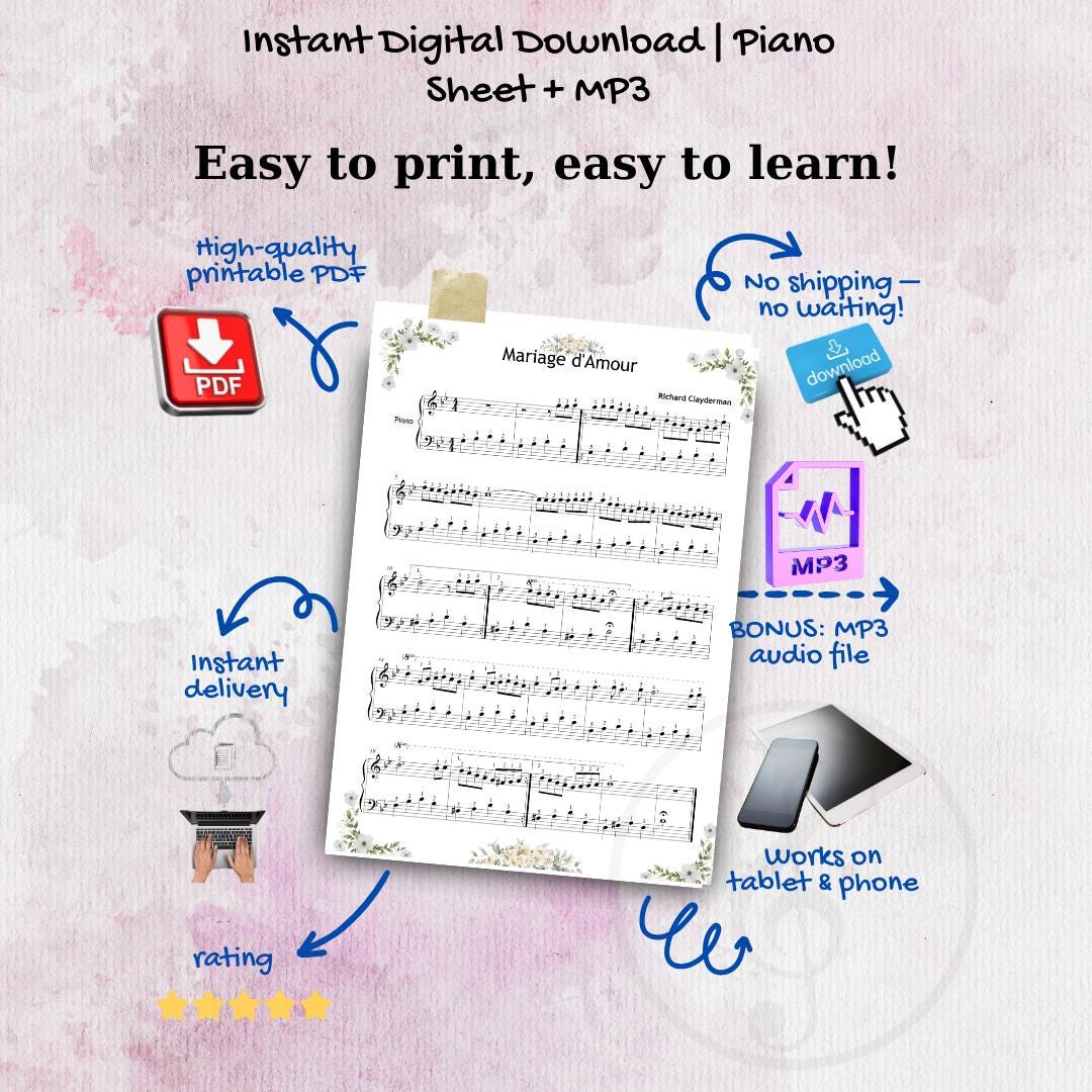 Marriage D'Amour easy piano sheet music PDF cover image showing Grade 3 arrangement by Richard Clayderman with icons for colored notes, note names, MP3 audio, demo video, instant digital download, and tablet compatibility.