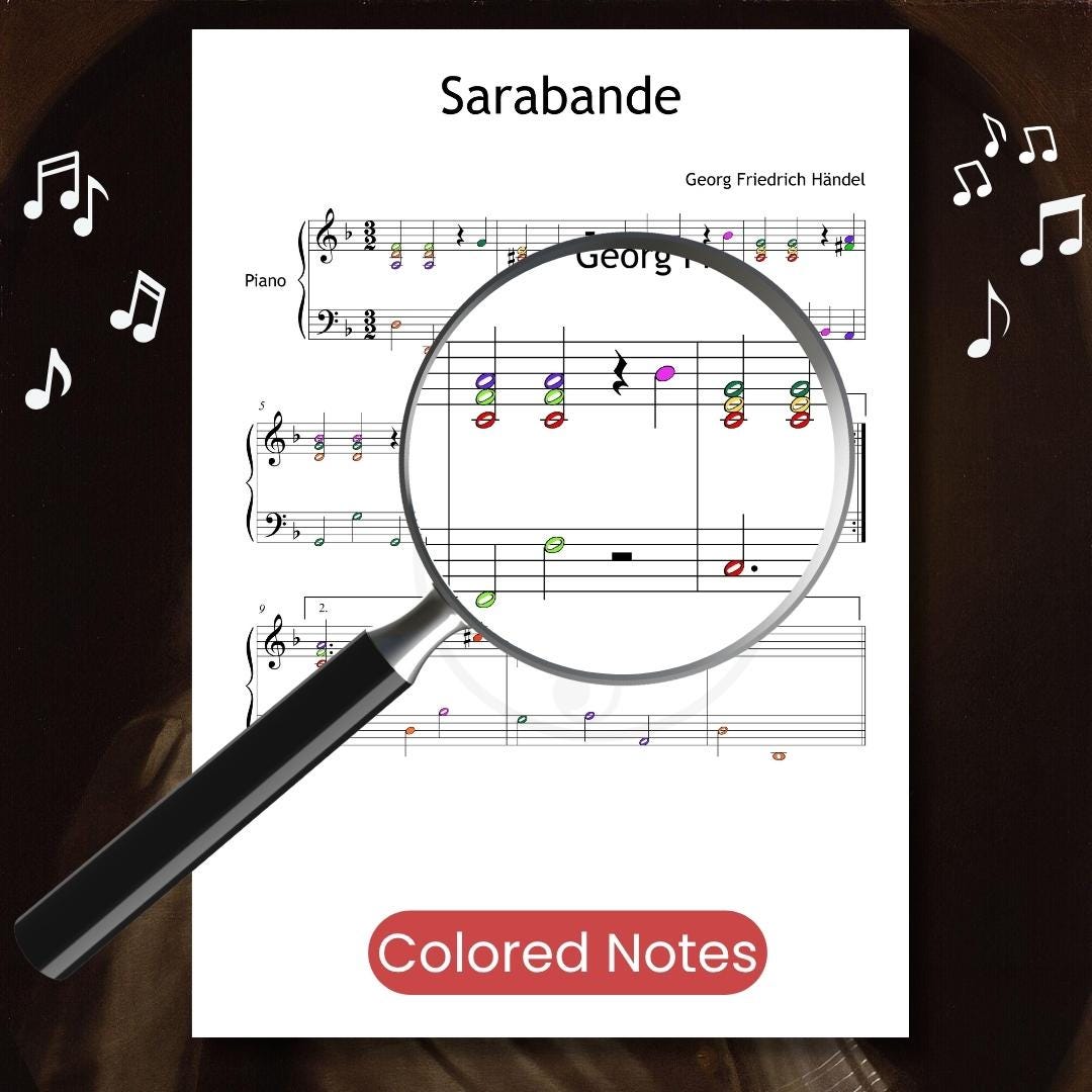 Sarabande by Handel - Simplified Piano Sheet with Colored Notes & Video Lesson