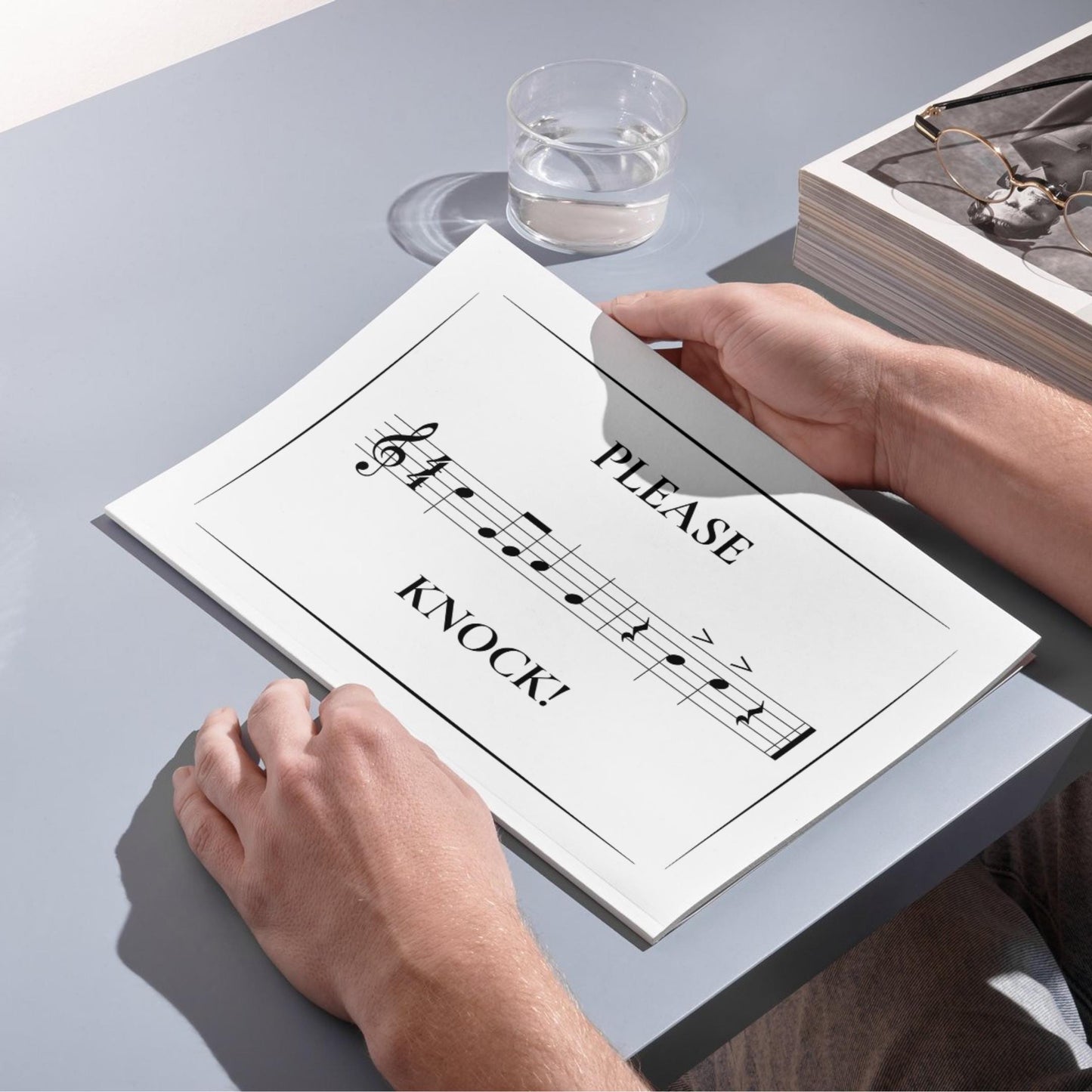 Please Knock sign printable for musicians featuring music staff design and clear message, ideal for rehearsal rooms, studios, and creative spaces