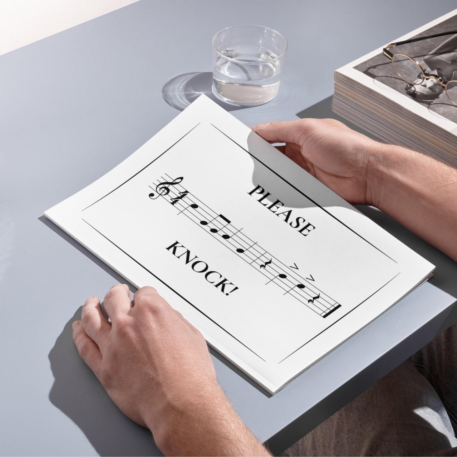 Please Knock sign printable for musicians featuring music staff design and clear message, ideal for rehearsal rooms, studios, and creative spaces