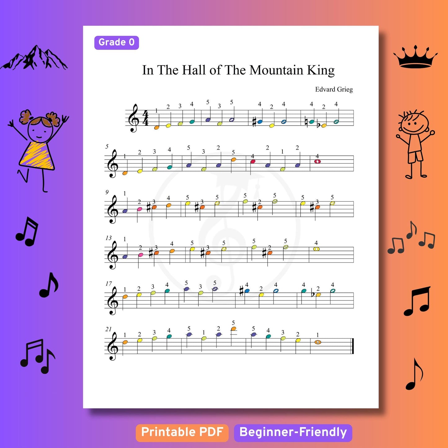 In the Hall of the Mountain King- Grade 0 - Easy Piano Sheet for Beginners | Colorful Notes + Finger Numbers | Educational Piano Resource