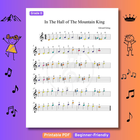 In the Hall of the Mountain King- Grade 0 - Easy Piano Sheet for Beginners | Colorful Notes + Finger Numbers | Educational Piano Resource