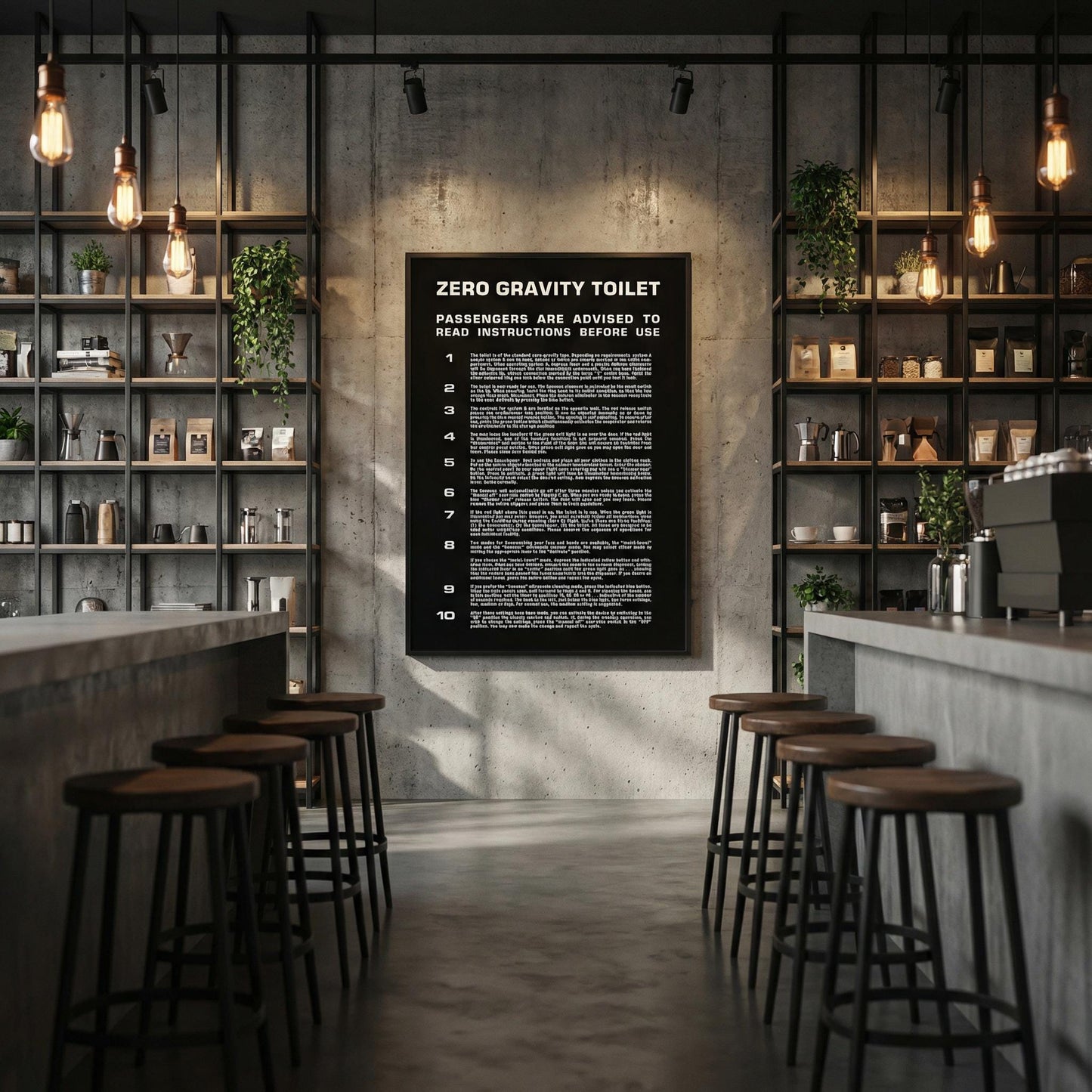 Zero Gravity Toilet instruction sign digital wall print capturing the industrial aesthetic and cinematic minimalism of Kubrick’s iconic production design.