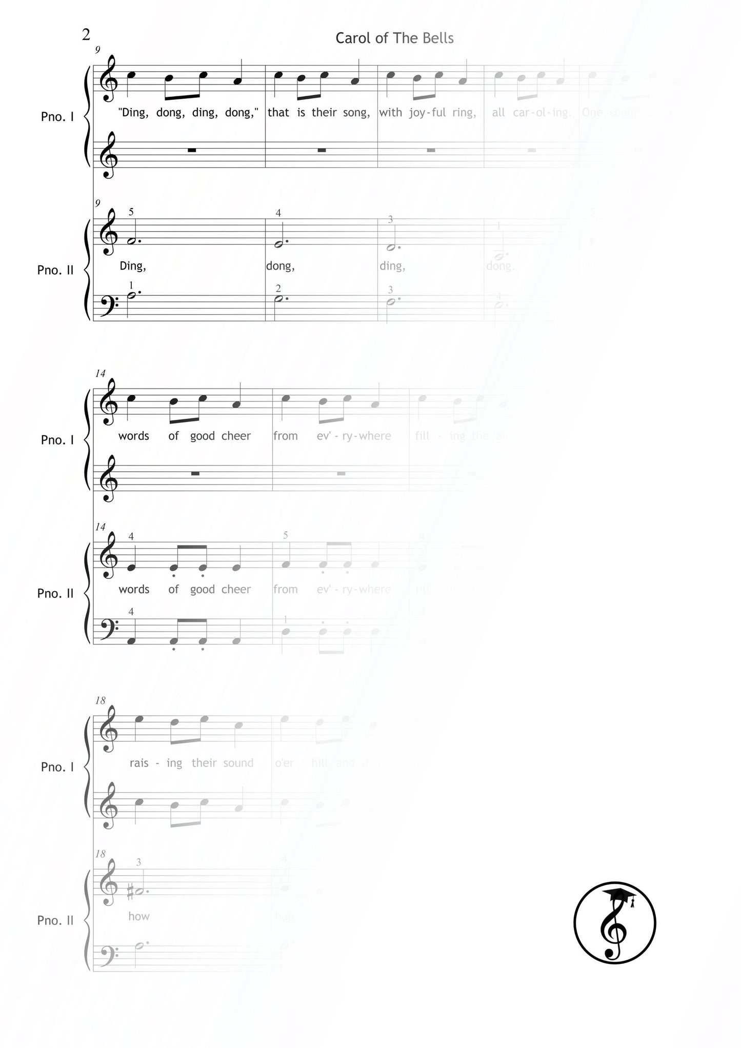 Carol of the Bells by Mykola Leontovych downloadable and simplified piano sheet music PDF arranged for Grade 1 four-hand players, offering visual supports like color notes and letter names plus AI-enhanced tutorial video and MP3 demo to help young learners coordinate Primo and Secondo lines.