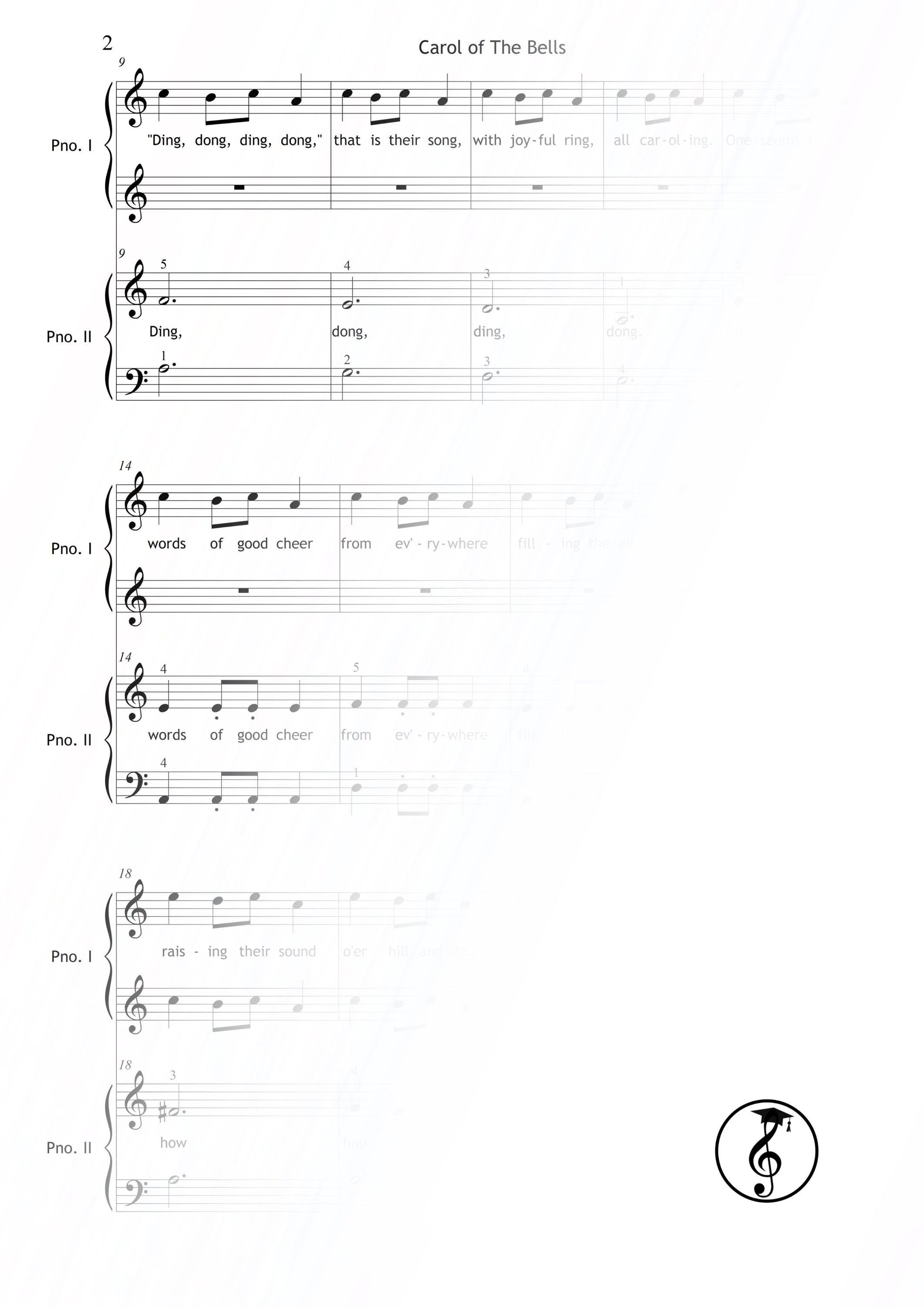 Carol of the Bells by Mykola Leontovych downloadable and simplified piano sheet music PDF arranged for Grade 1 four-hand players, offering visual supports like color notes and letter names plus AI-enhanced tutorial video and MP3 demo to help young learners coordinate Primo and Secondo lines.