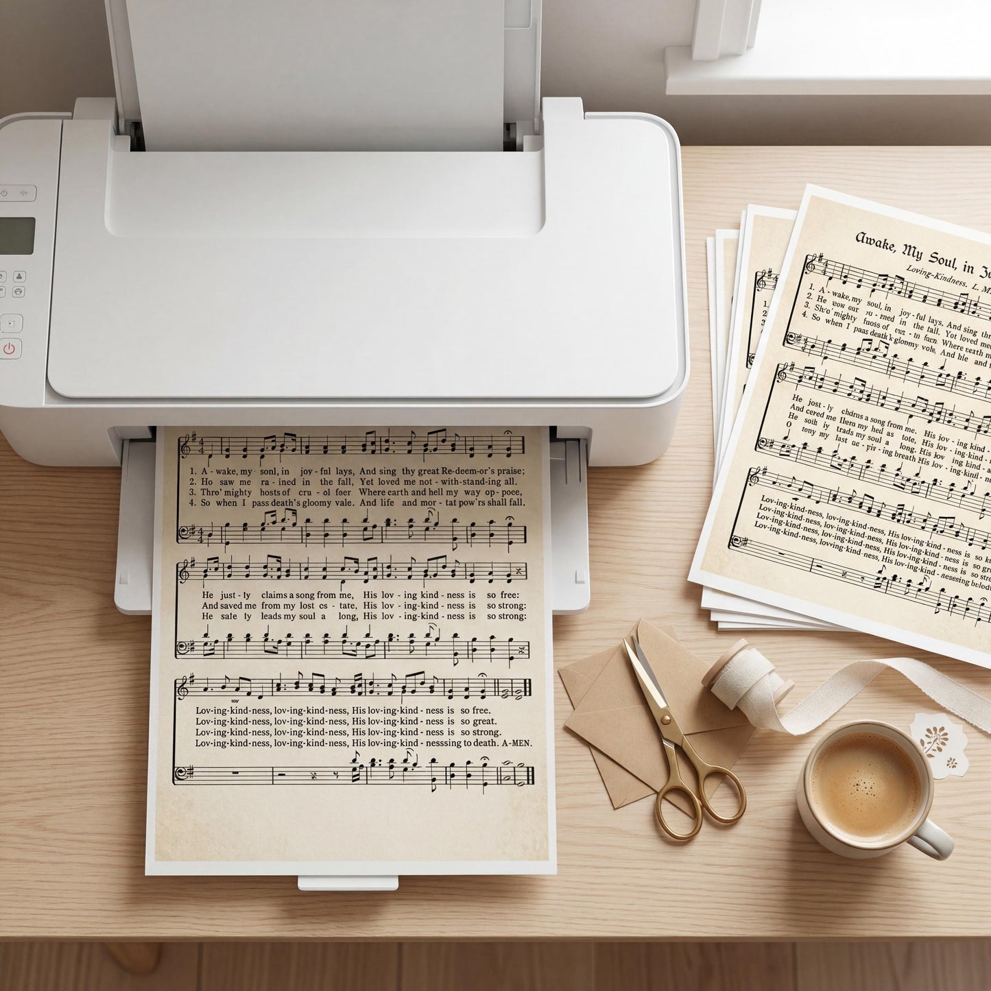 a printer, sheet music, scissors, and a cup of coffee on a desk.