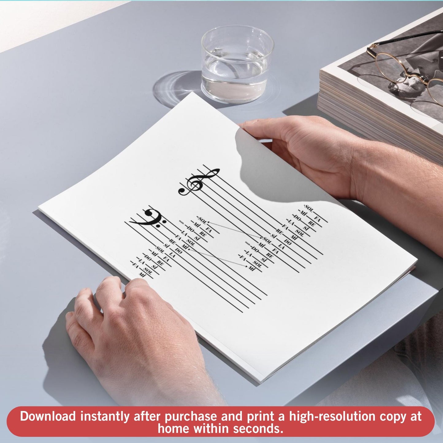 Music Staff Notes Poster - Printable Music Theory Guide with Treble & Bass Clef Charts
