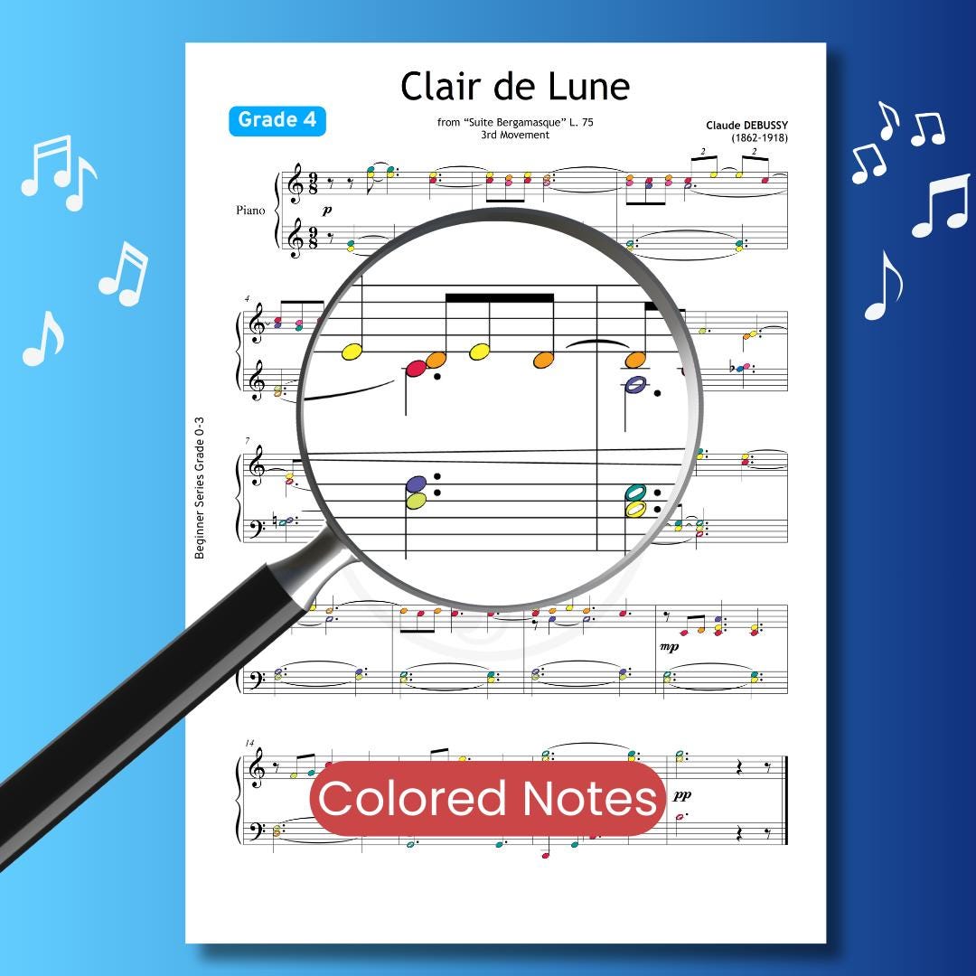 Clair de Lune by Claude Debussy beginner-friendly Grade 4 arrangement, simplified yet faithful to the original style, comes with color-coded and note-named PDF versions, optional cover page, and instant download for recitals, practice, or teaching.