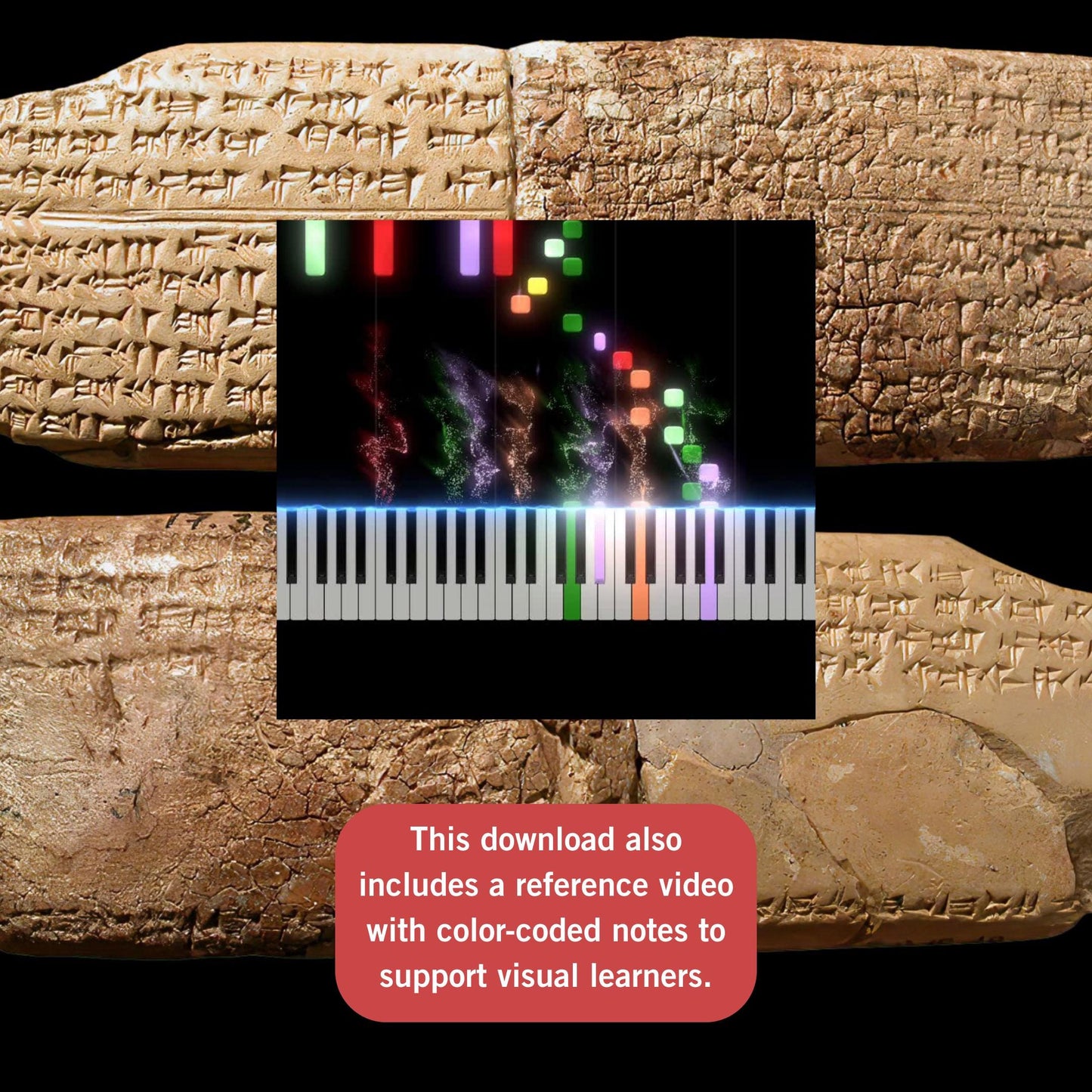 Oldest Song in the World simplified for beginner piano, Hurrian Hymn No. 6 Grade 1 PDF, educational arrangement with note names, color-coded notes, MP3 demo, and MP4 video tutorial for history-inspired lessons.